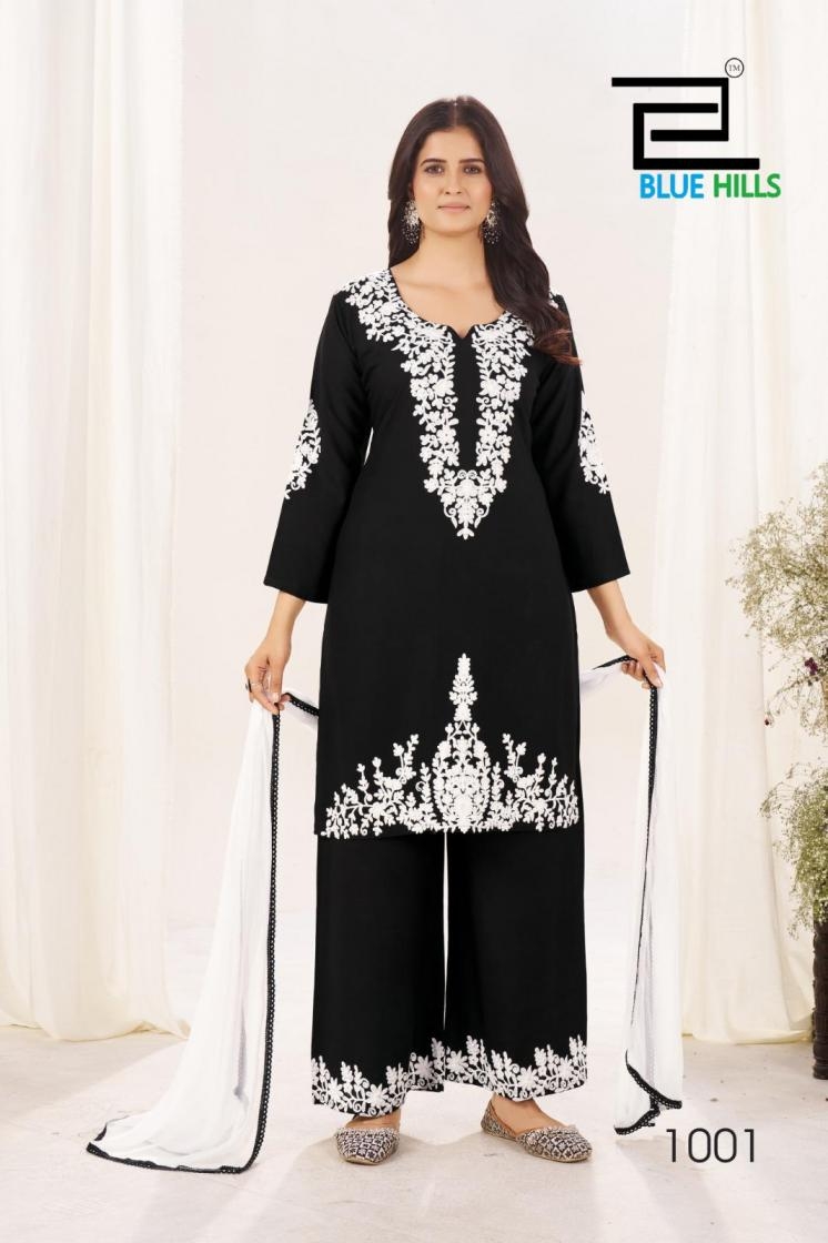  blue hills pearl series 1001 to 1002 classy rayon thread work readymade big size suits in wholesale surat