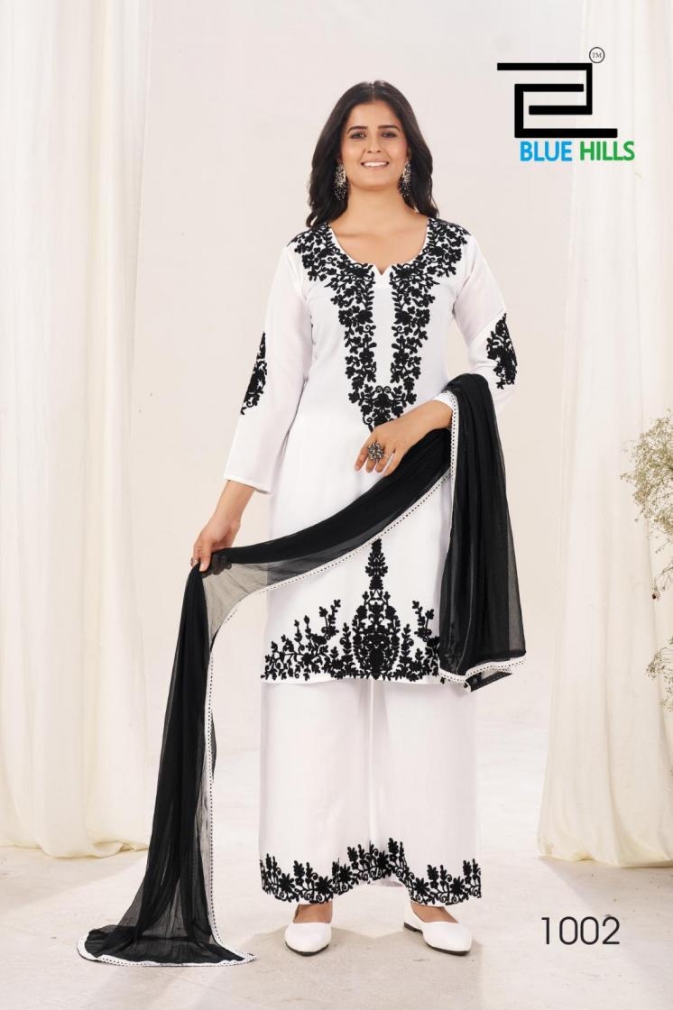  blue hills pearl series 1001 to 1002 classy rayon thread work readymade big size suits in wholesale surat