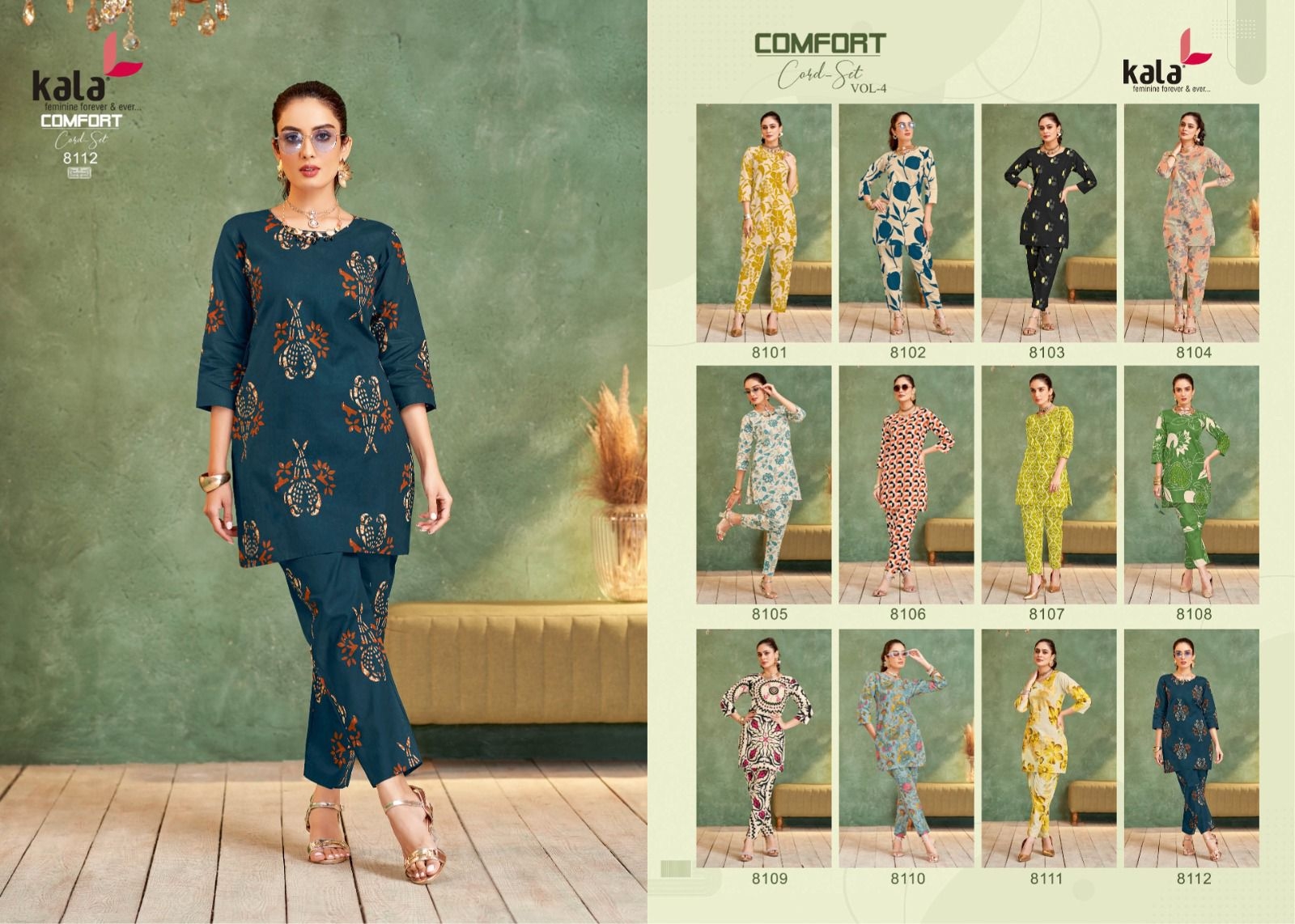 Kala Comfort Vol-4 series 8101 to 8112 Pure Cotton Printed Cord Set in wholesale surat