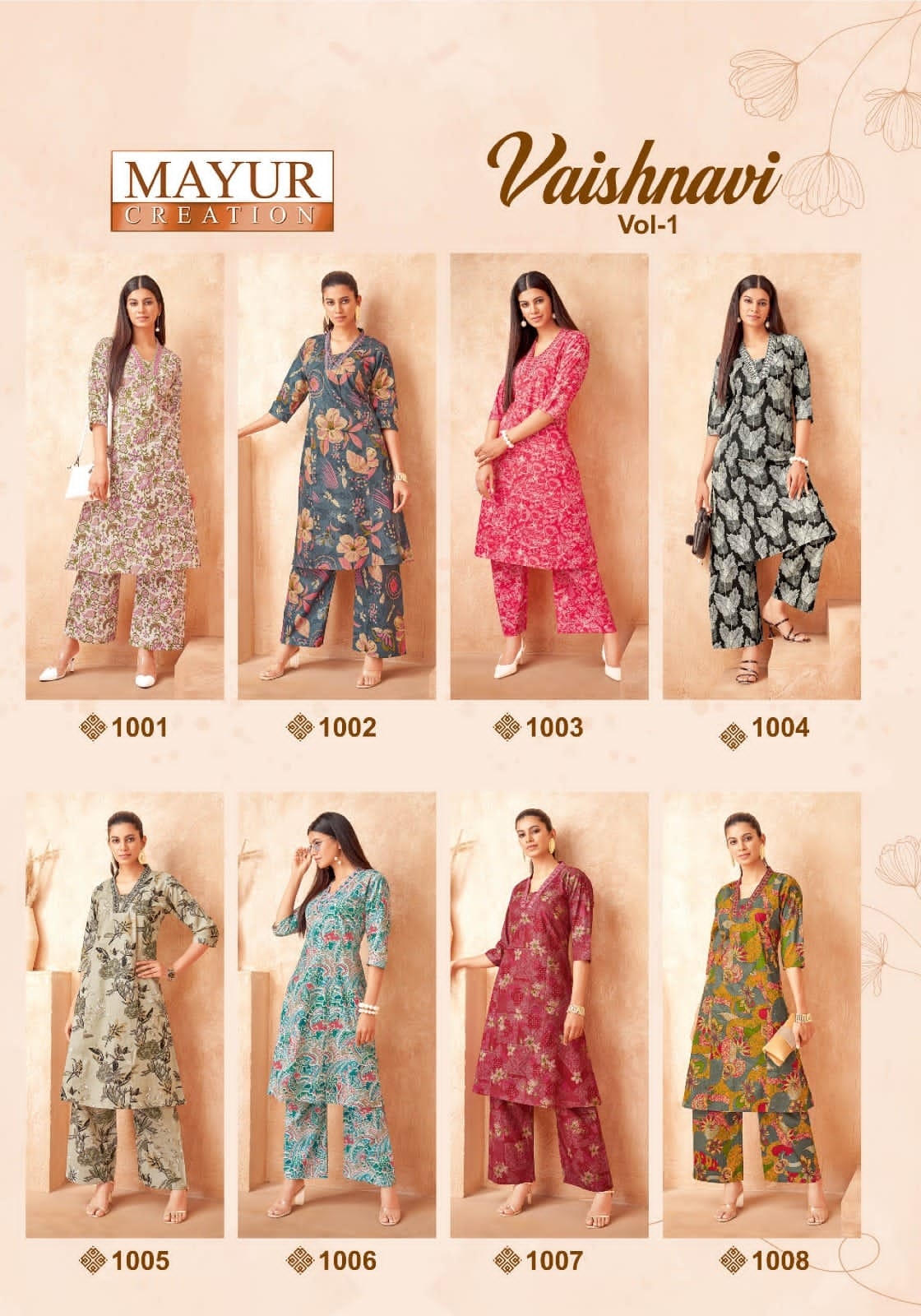 Mayur Vaishnavi Vol-1 series 1001 to 1008 Heavy Poplin Cotton Printed Long A-Line Cord Set in wholesale surat