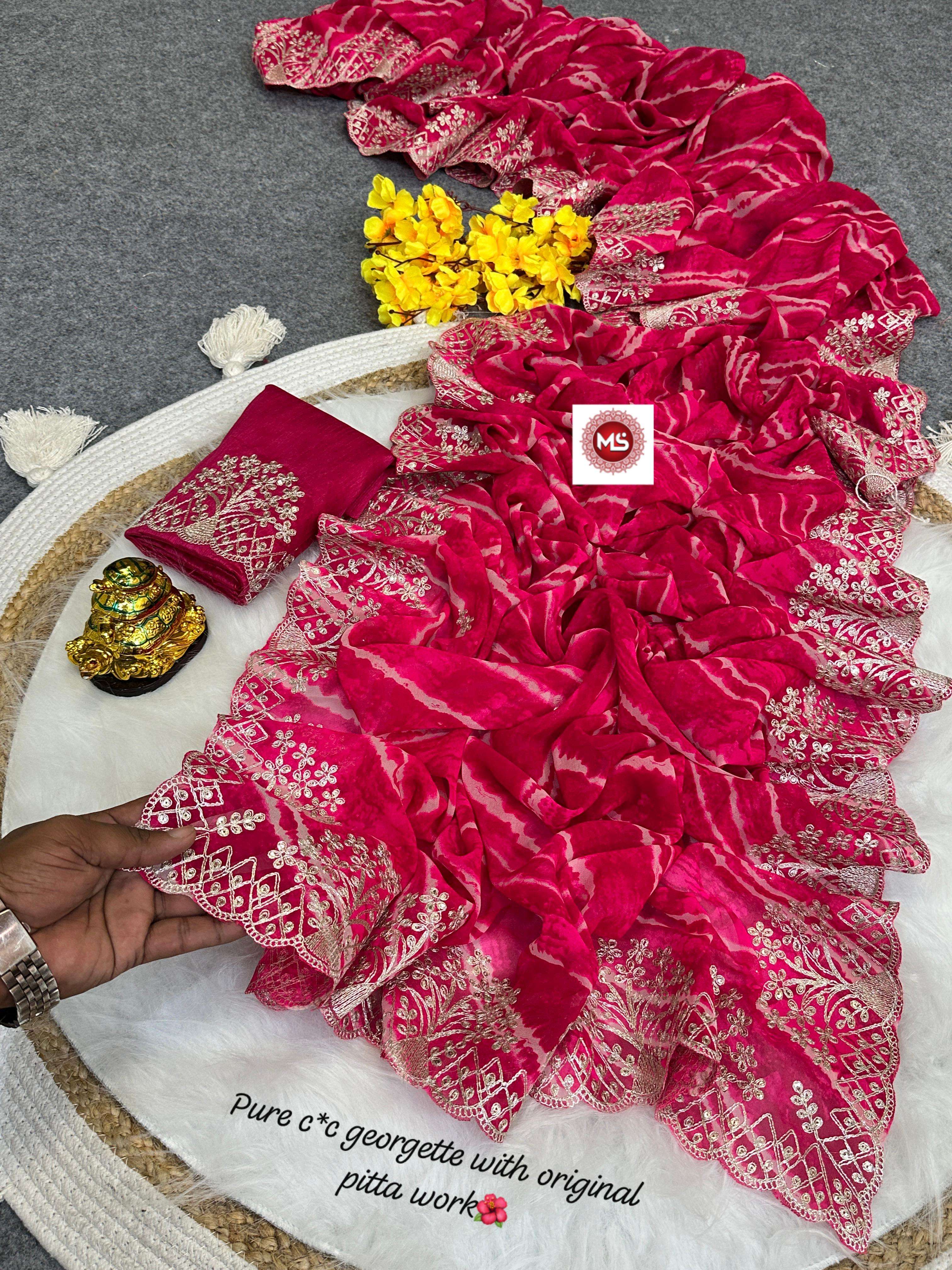 MS BRAND present pure blooming c by c georget silk lehriya pattern saree in wholesale surat