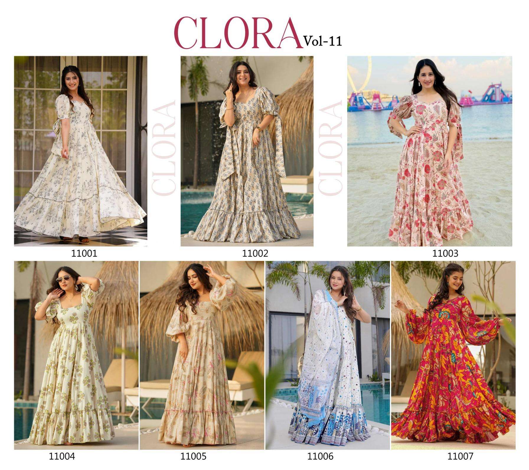 p r clothing clora vol 11 series 11001 to 11007 hit design readymade muslin plus size gowns in wholesale surat