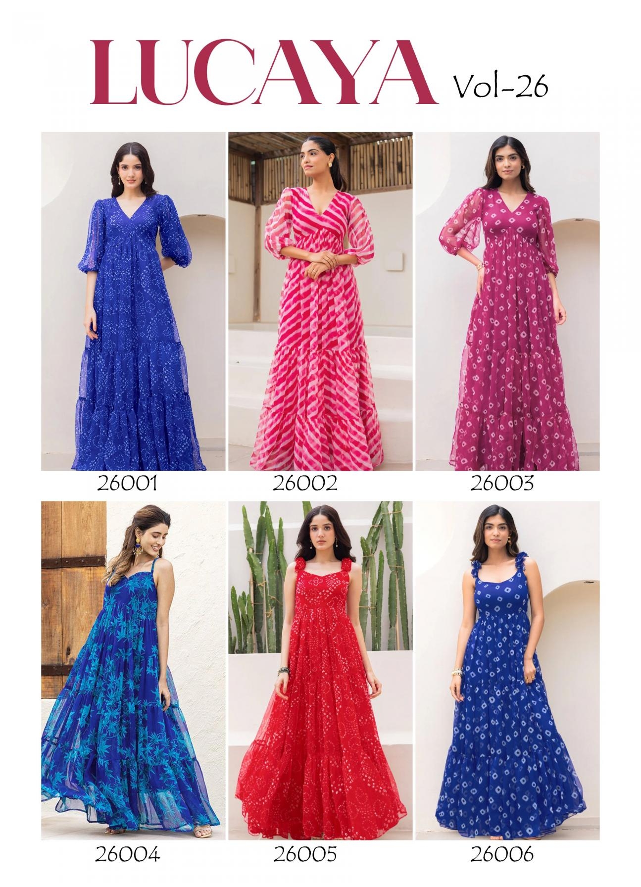 p r clothing lucaya vol 26 series 26001 to 26006 faux georgette readymade anarkali big size gown in wholesale surat