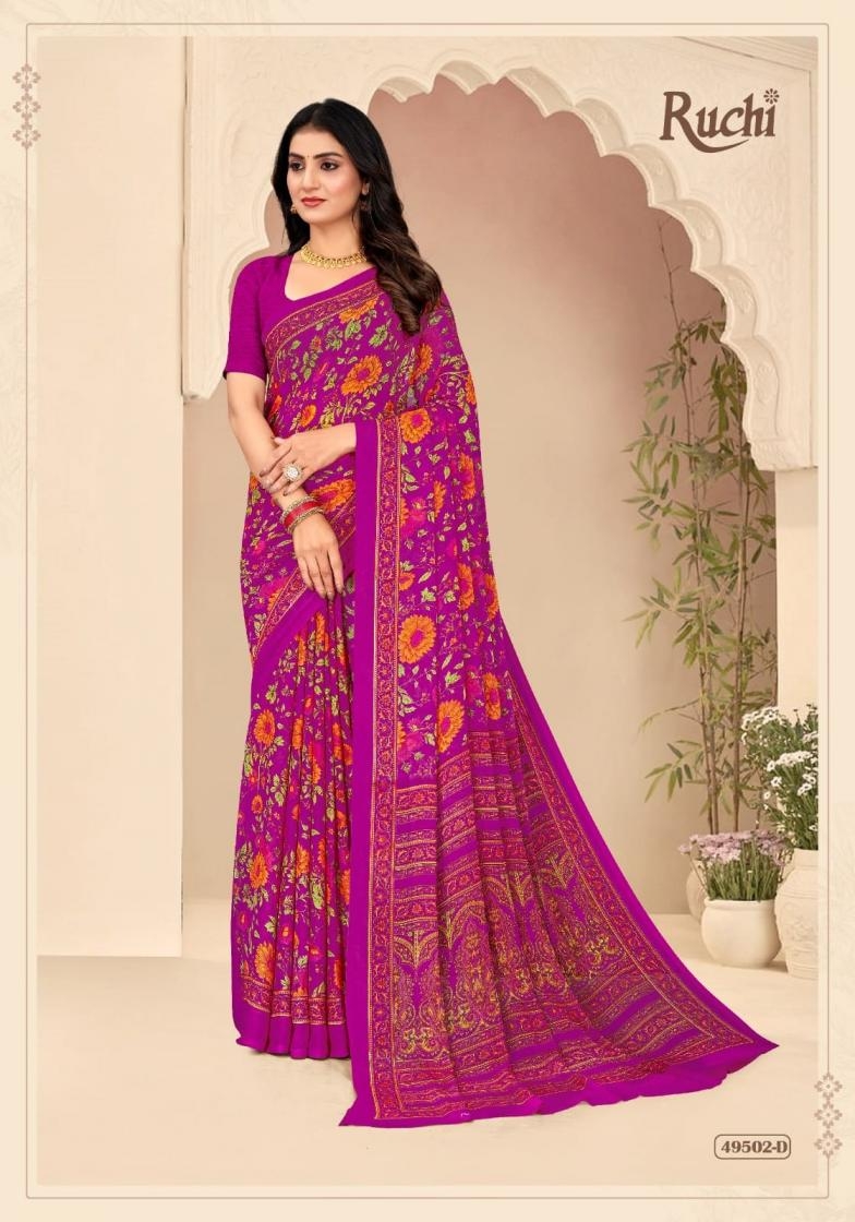 ruchi star chiffon vol 205 series 49501 A to 49503 D sarees chiffon uniform type saree in wholesale surat
