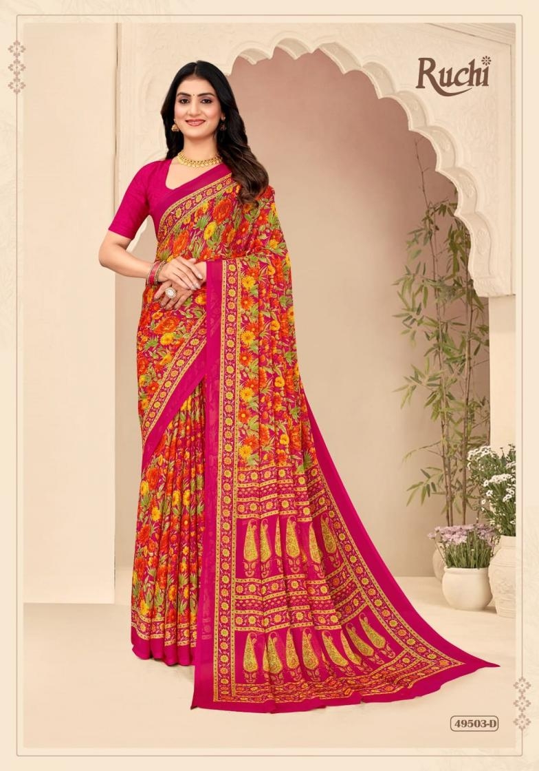 ruchi star chiffon vol 205 series 49501 A to 49503 D sarees chiffon uniform type saree in wholesale surat