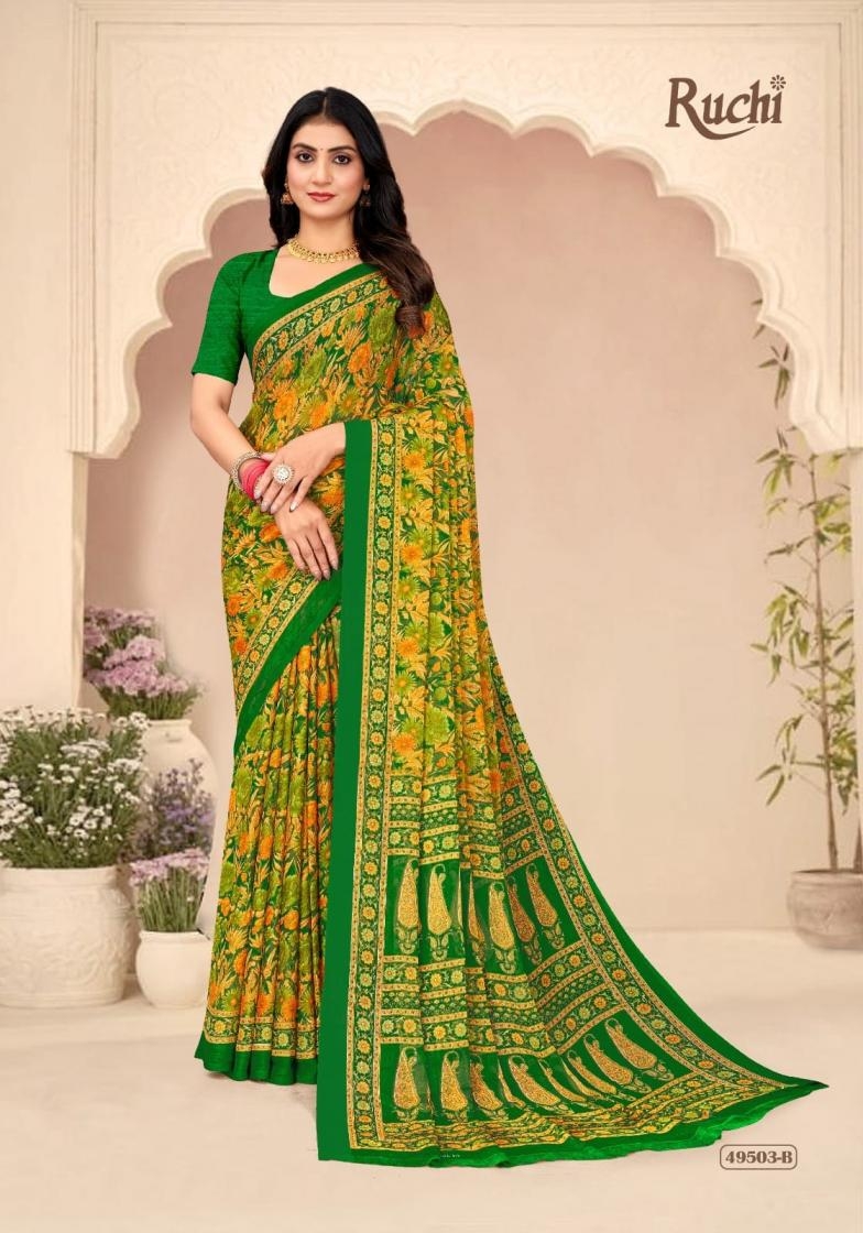 ruchi star chiffon vol 205 series 49501 A to 49503 D sarees chiffon uniform type saree in wholesale surat