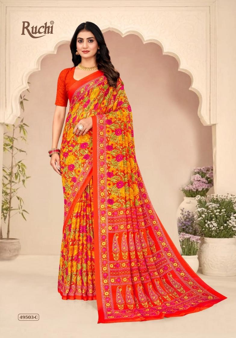 ruchi star chiffon vol 205 series 49501 A to 49503 D sarees chiffon uniform type saree in wholesale surat