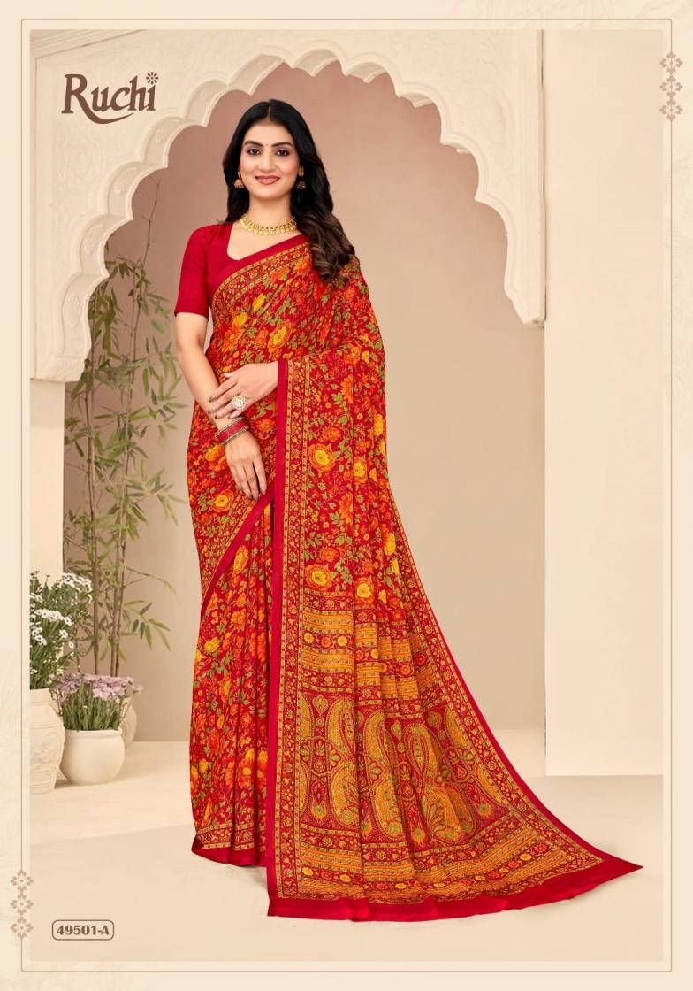 ruchi star chiffon vol 205 series 49501 A to 49503 D sarees chiffon uniform type saree in wholesale surat