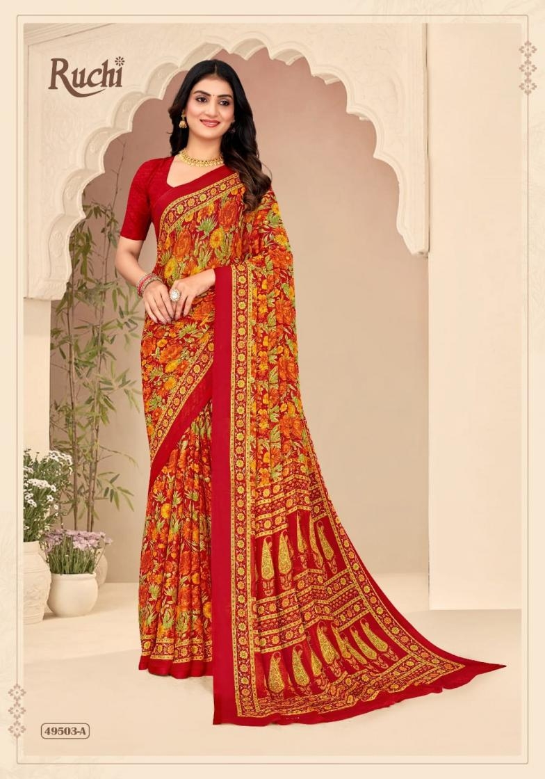 ruchi star chiffon vol 205 series 49501 A to 49503 D sarees chiffon uniform type saree in wholesale surat