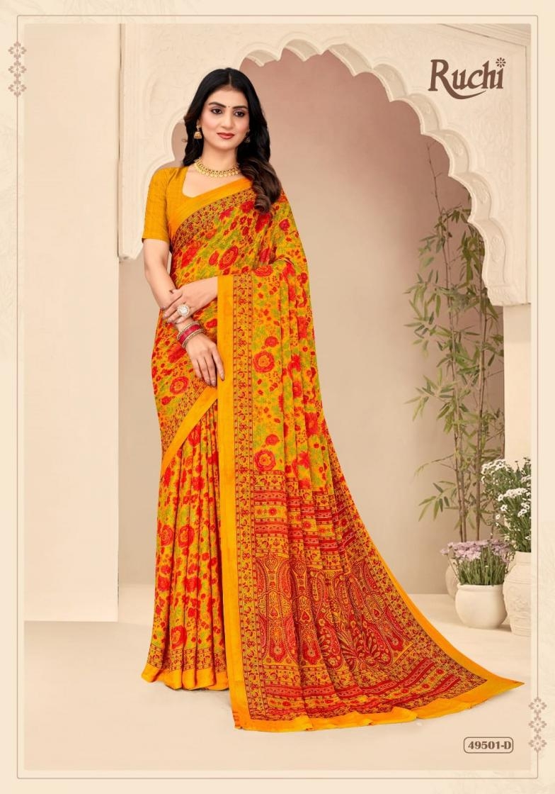 ruchi star chiffon vol 205 series 49501 A to 49503 D sarees chiffon uniform type saree in wholesale surat