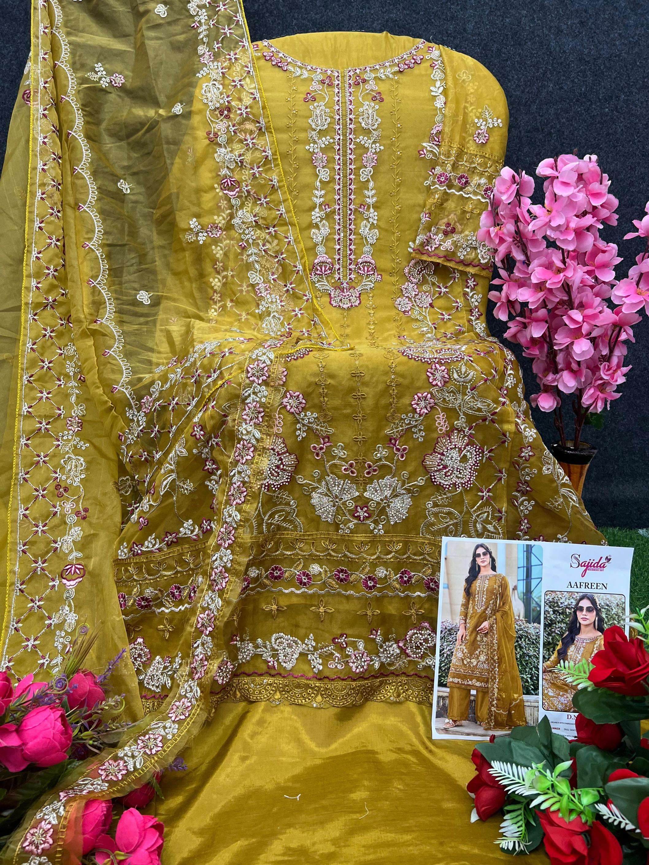sajida designer aafreen 1073 A to D readymade organza big size pakistani salwar suit in wholesale surat
