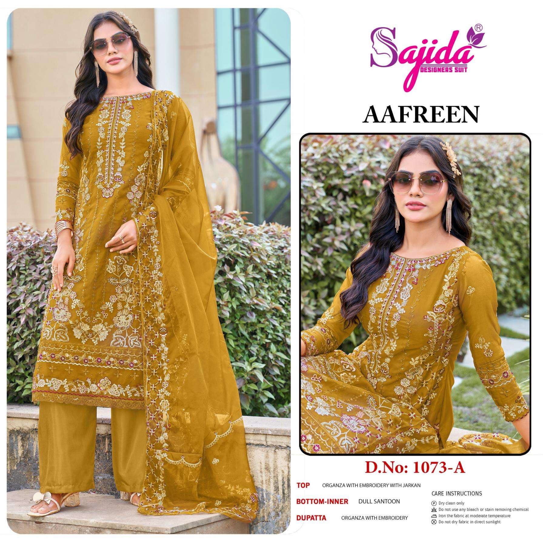 sajida designer aafreen 1073 A to D readymade organza big size pakistani salwar suit in wholesale surat