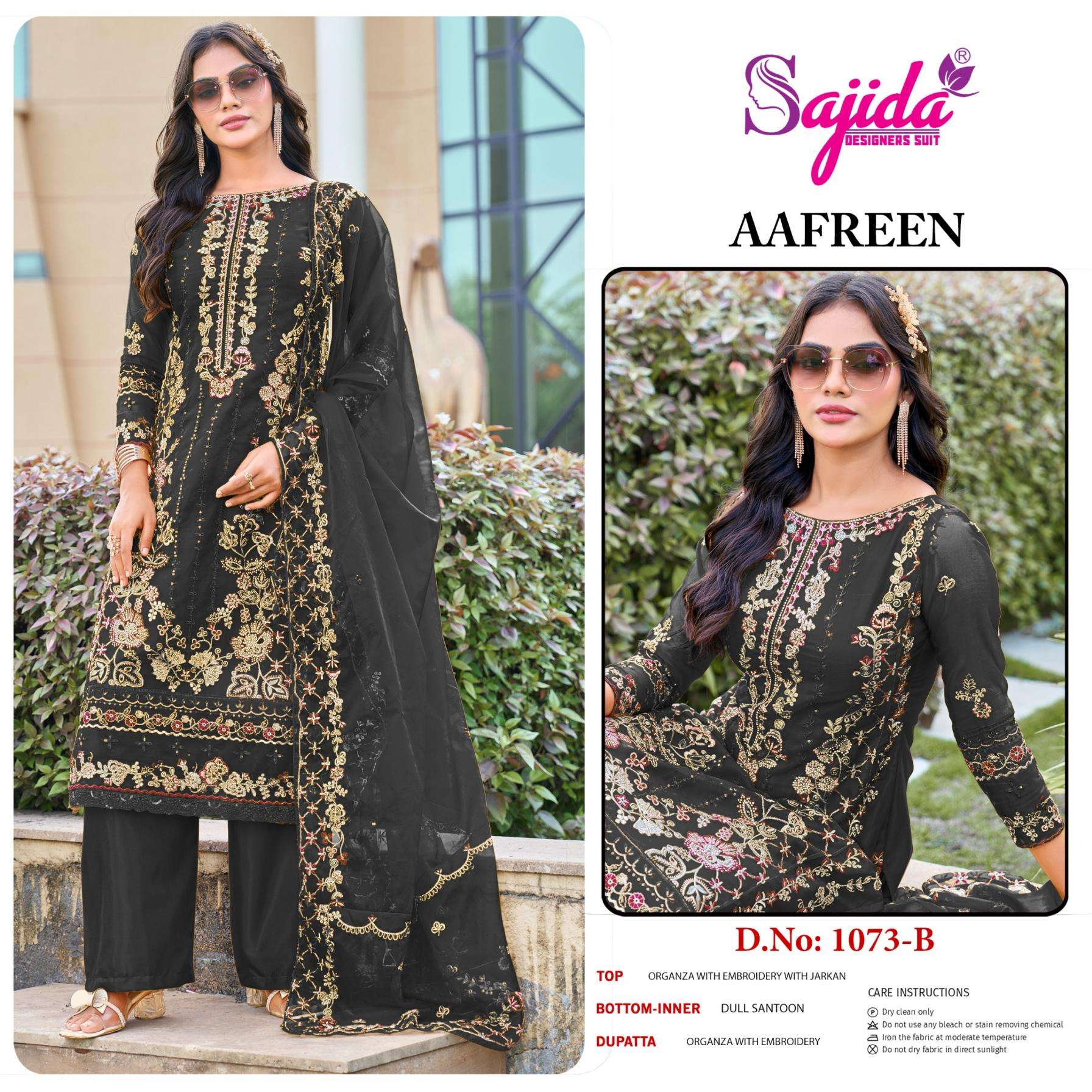 sajida designer aafreen 1073 A to D readymade organza big size pakistani salwar suit in wholesale surat