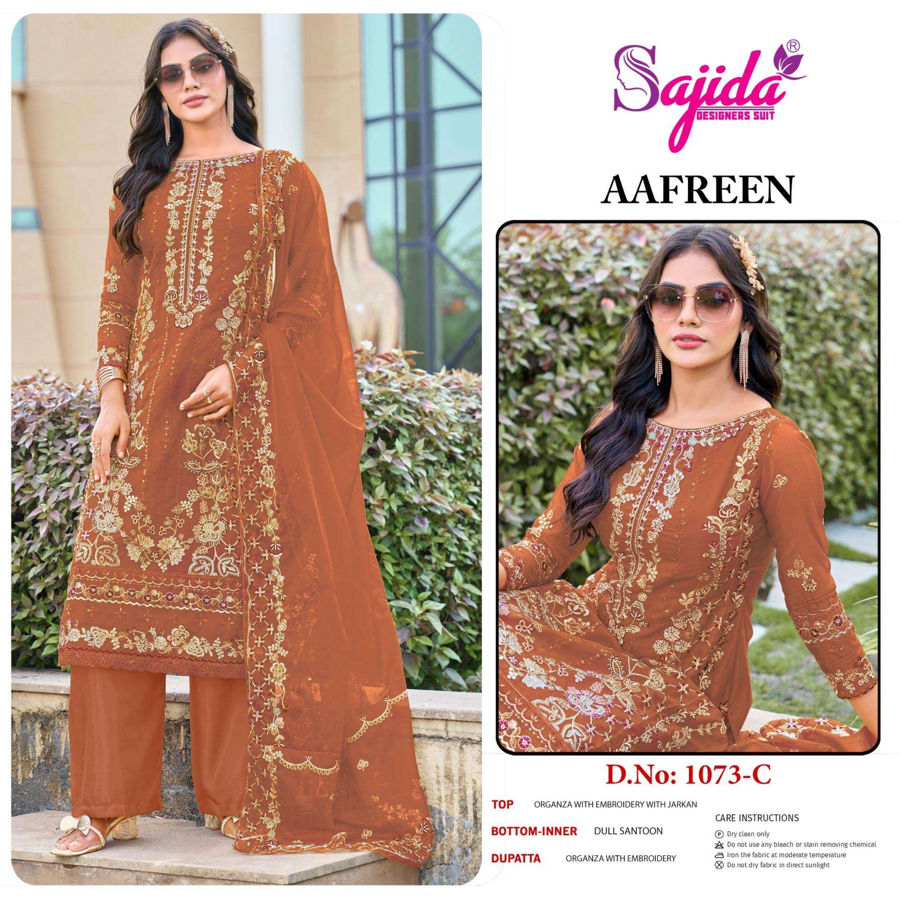 sajida designer aafreen 1073 A to D readymade organza big size pakistani salwar suit in wholesale surat
