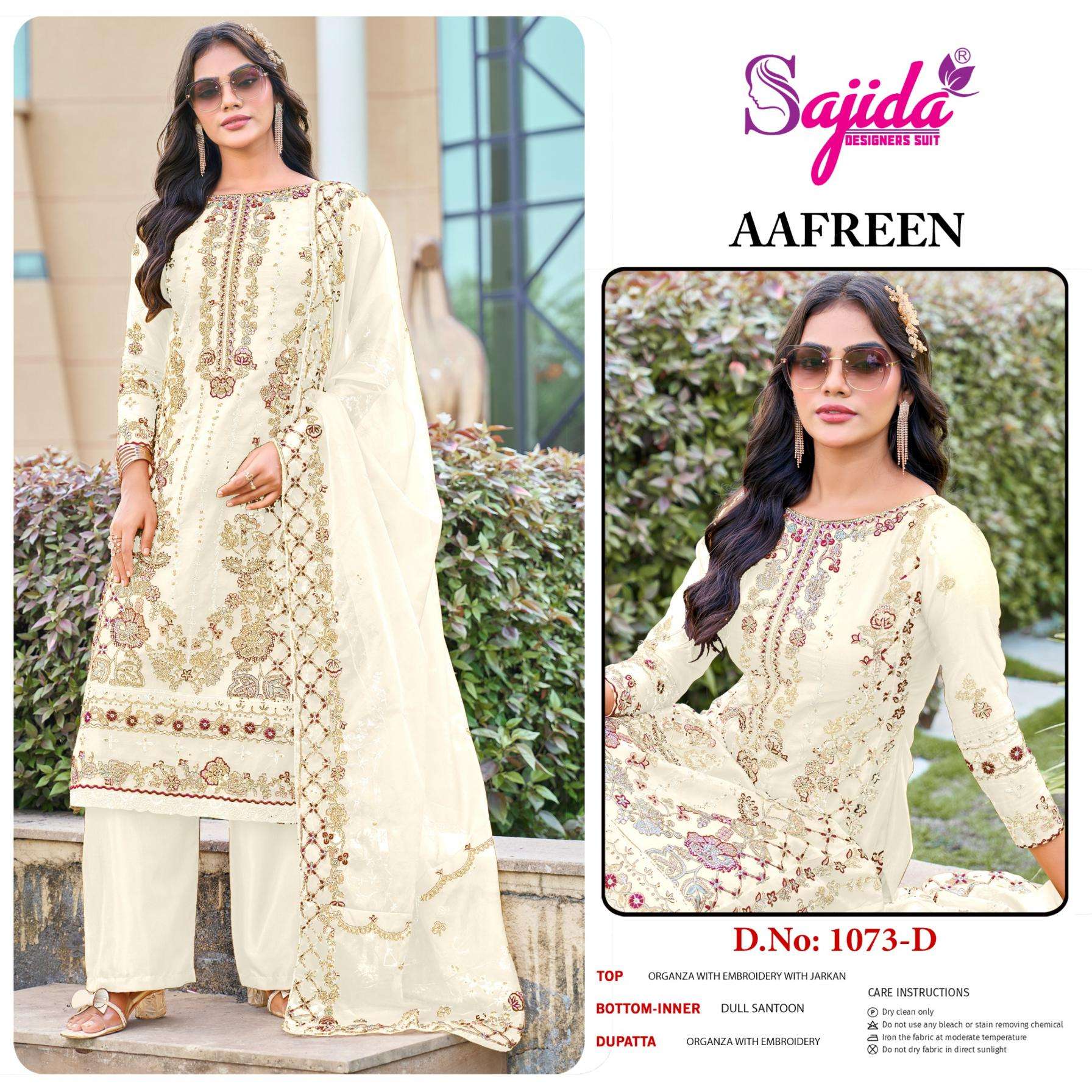 sajida designer aafreen 1073 A to D readymade organza big size pakistani salwar suit in wholesale surat