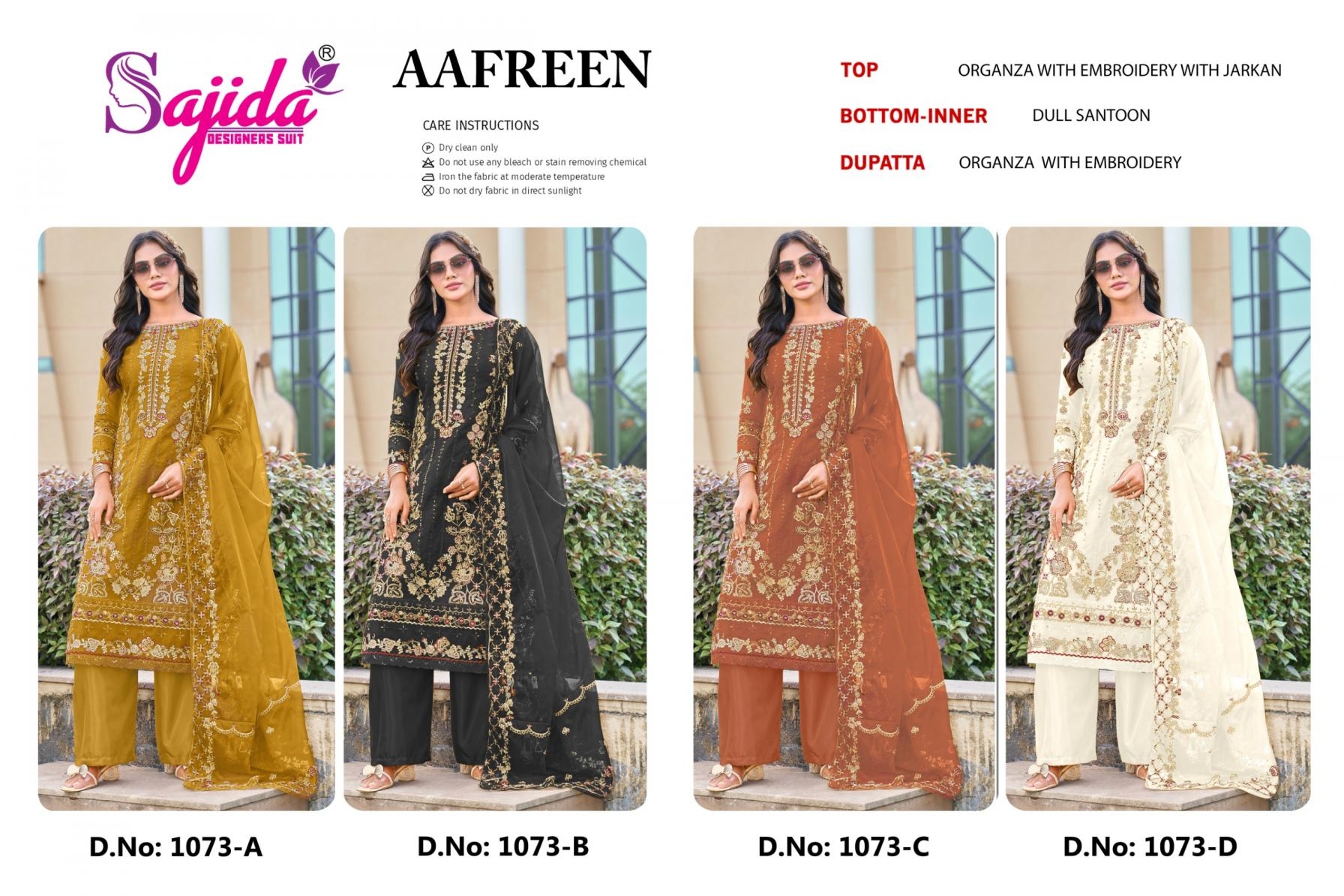 sajida designer aafreen 1073 A to D readymade organza big size pakistani salwar suit in wholesale surat