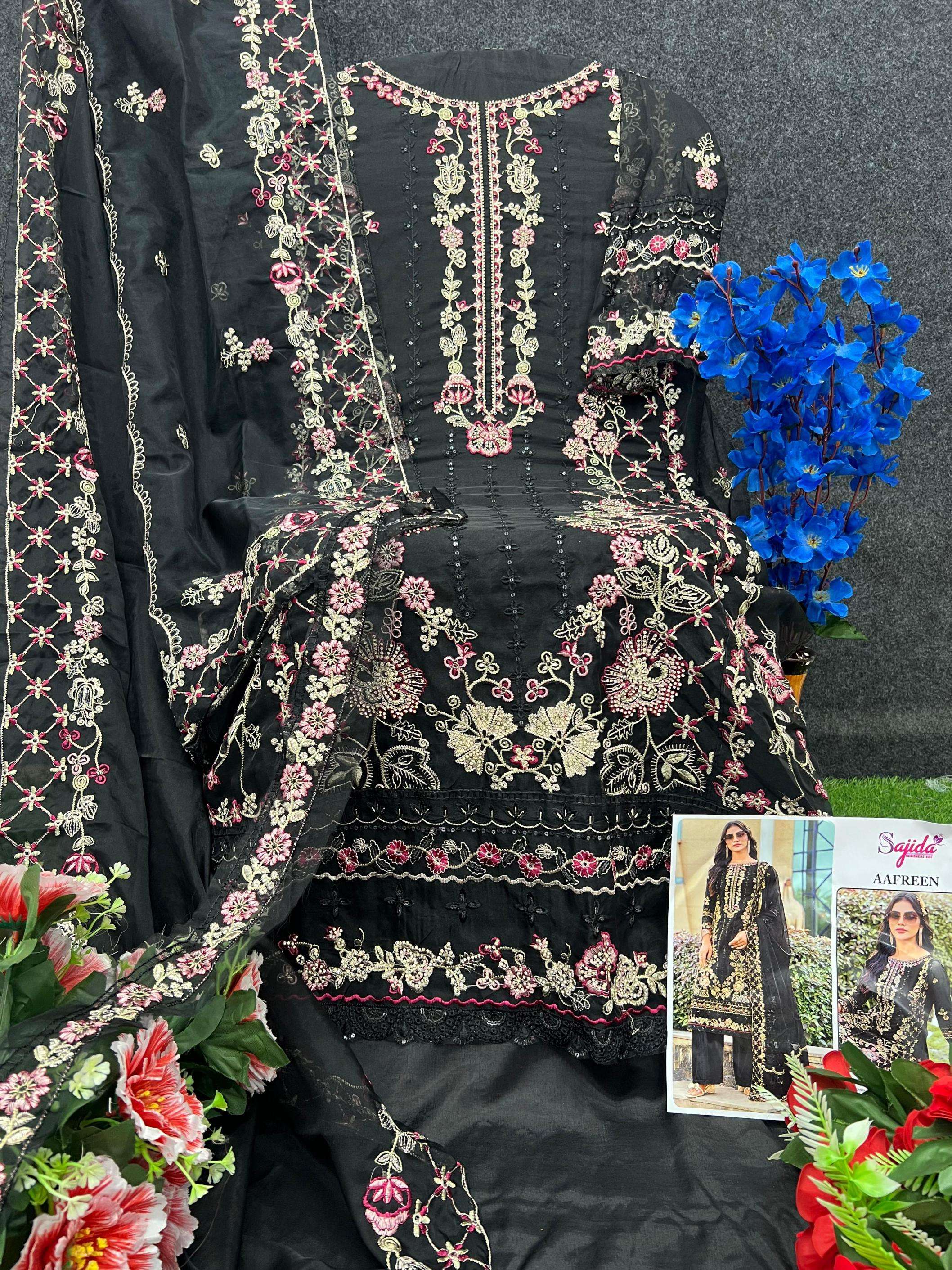 sajida designer aafreen 1073 A to D readymade organza big size pakistani salwar suit in wholesale surat