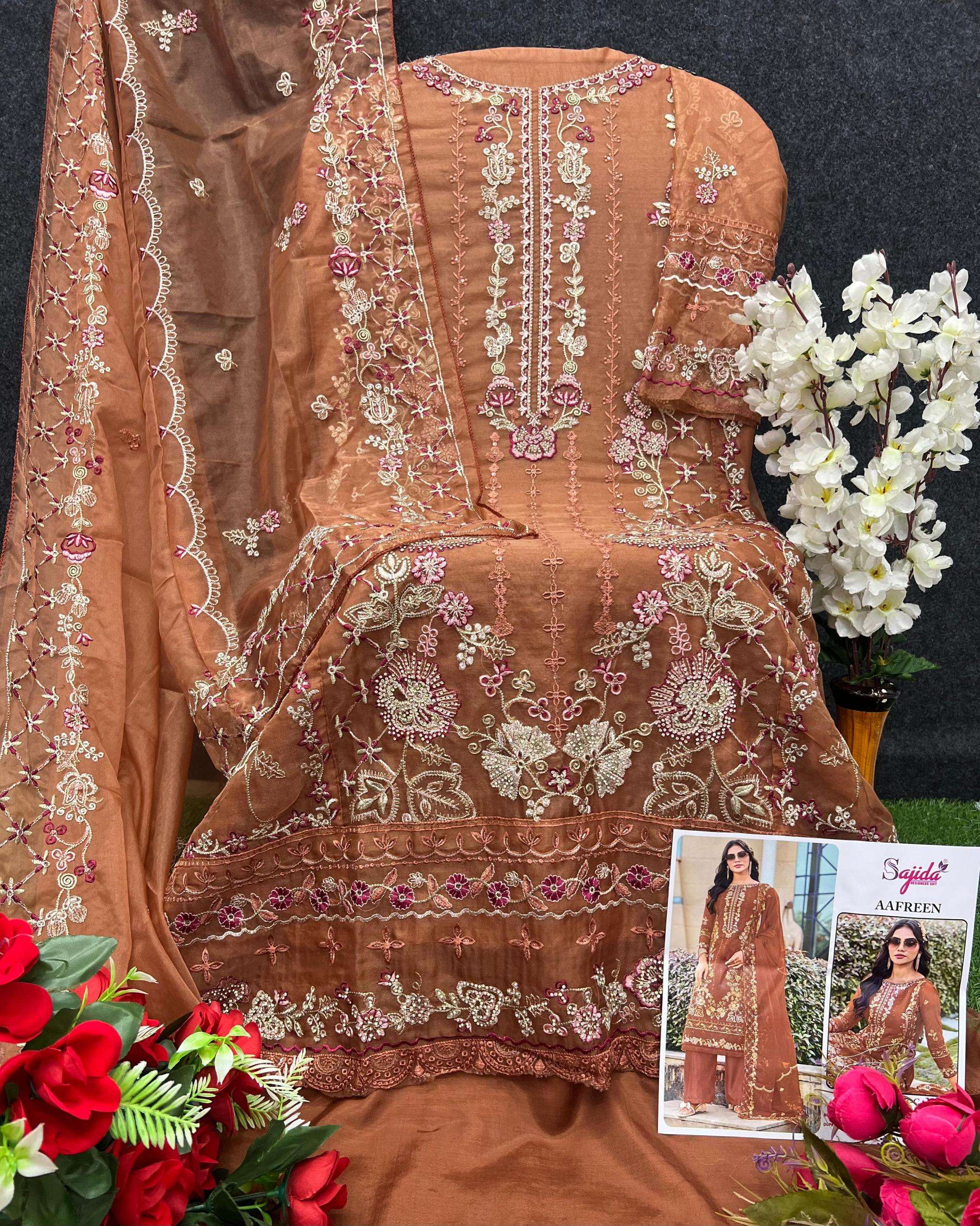 sajida designer aafreen 1073 A to D readymade organza big size pakistani salwar suit in wholesale surat