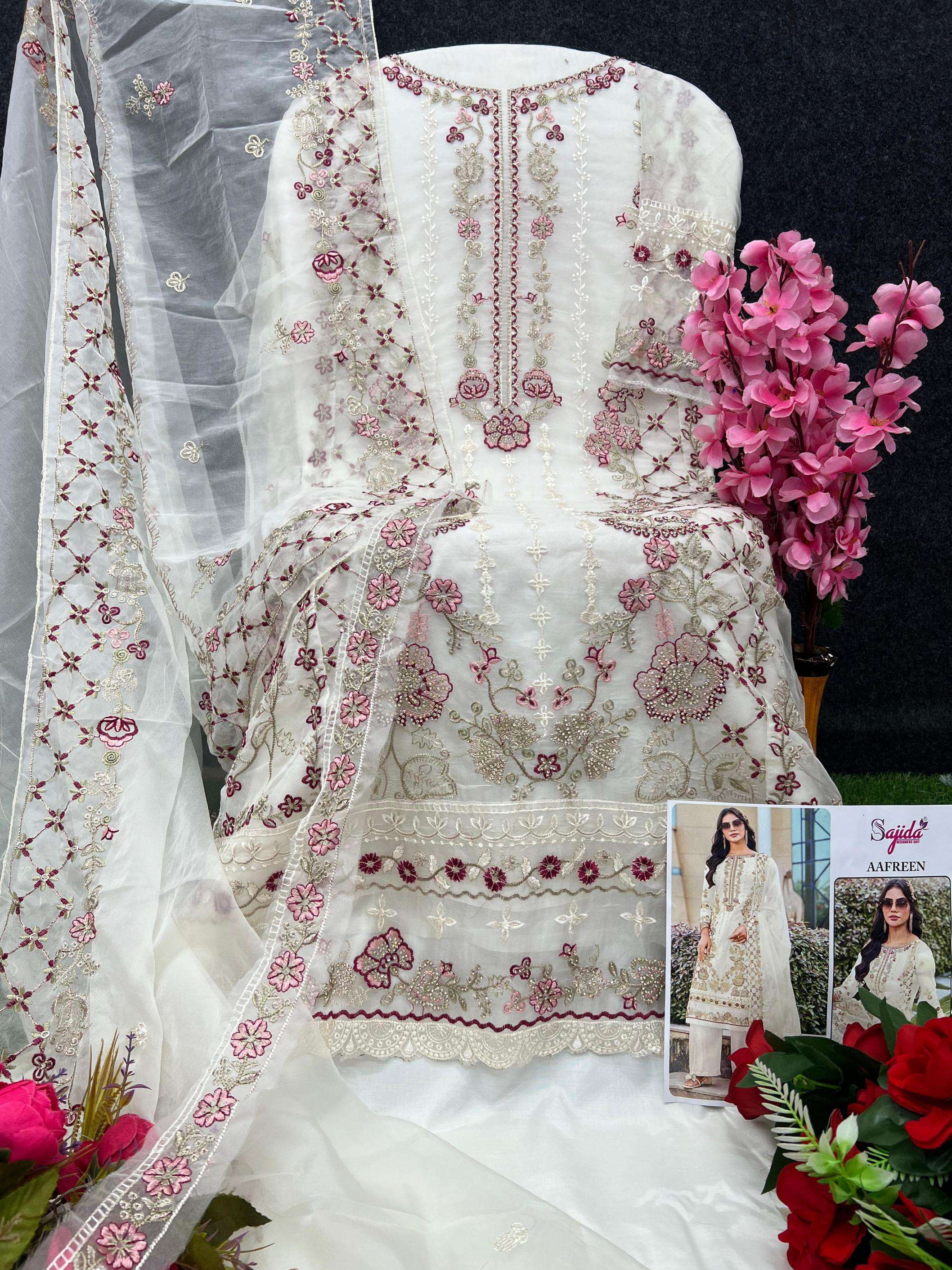 sajida designer aafreen 1073 A to D readymade organza big size pakistani salwar suit in wholesale surat