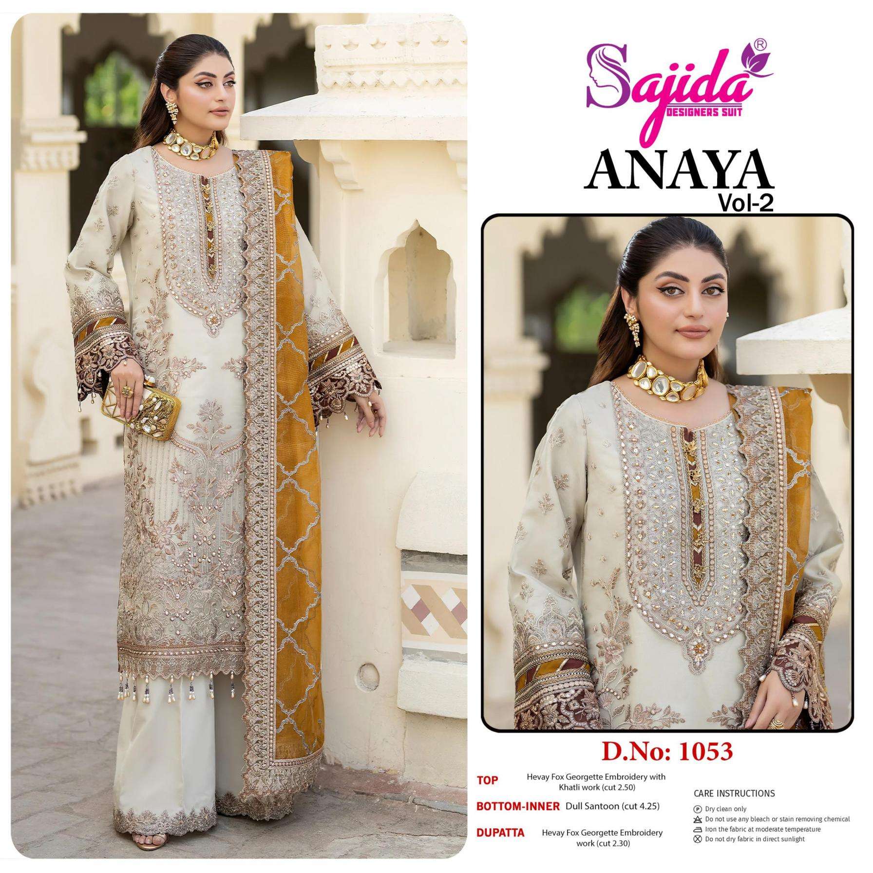 sajida designer anaya vol 2 series 1051 to 1053 readymade georgette pakistani plus size suit in wholesale surat