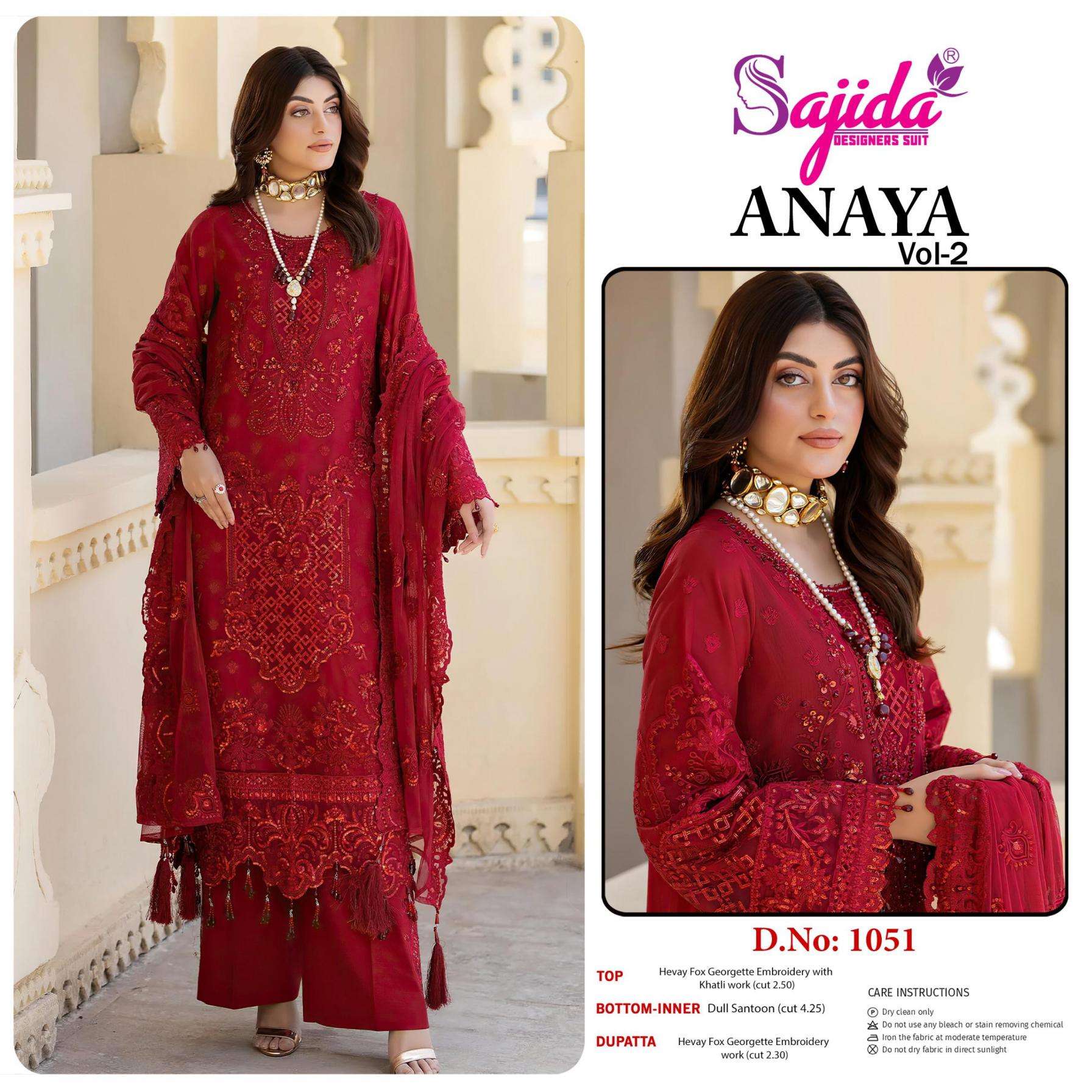sajida designer anaya vol 2 series 1051 to 1053 readymade georgette pakistani plus size suit in wholesale surat