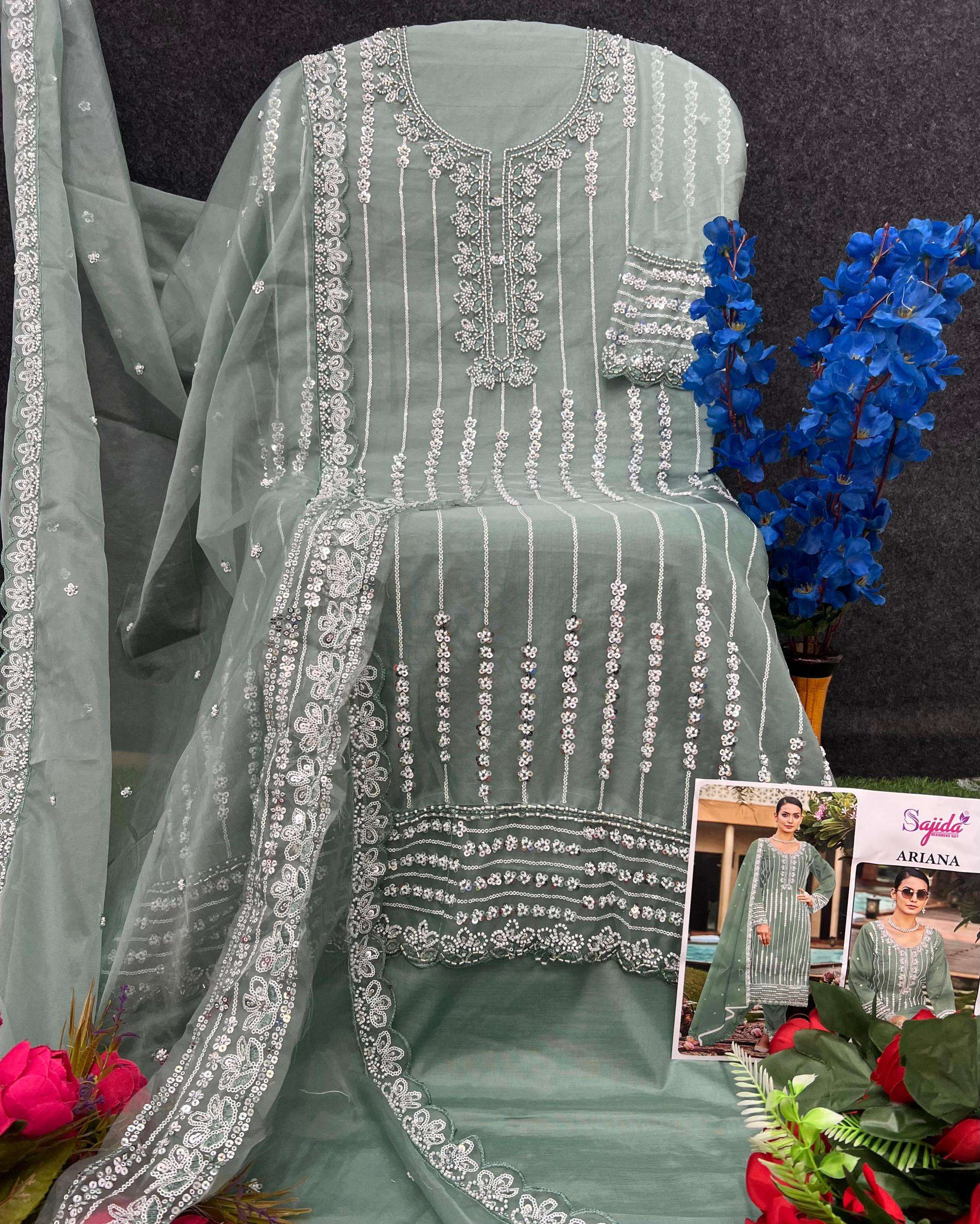sajida designer ariana 1074 A to D readymade organza pakistani big size suit in wholesale surat