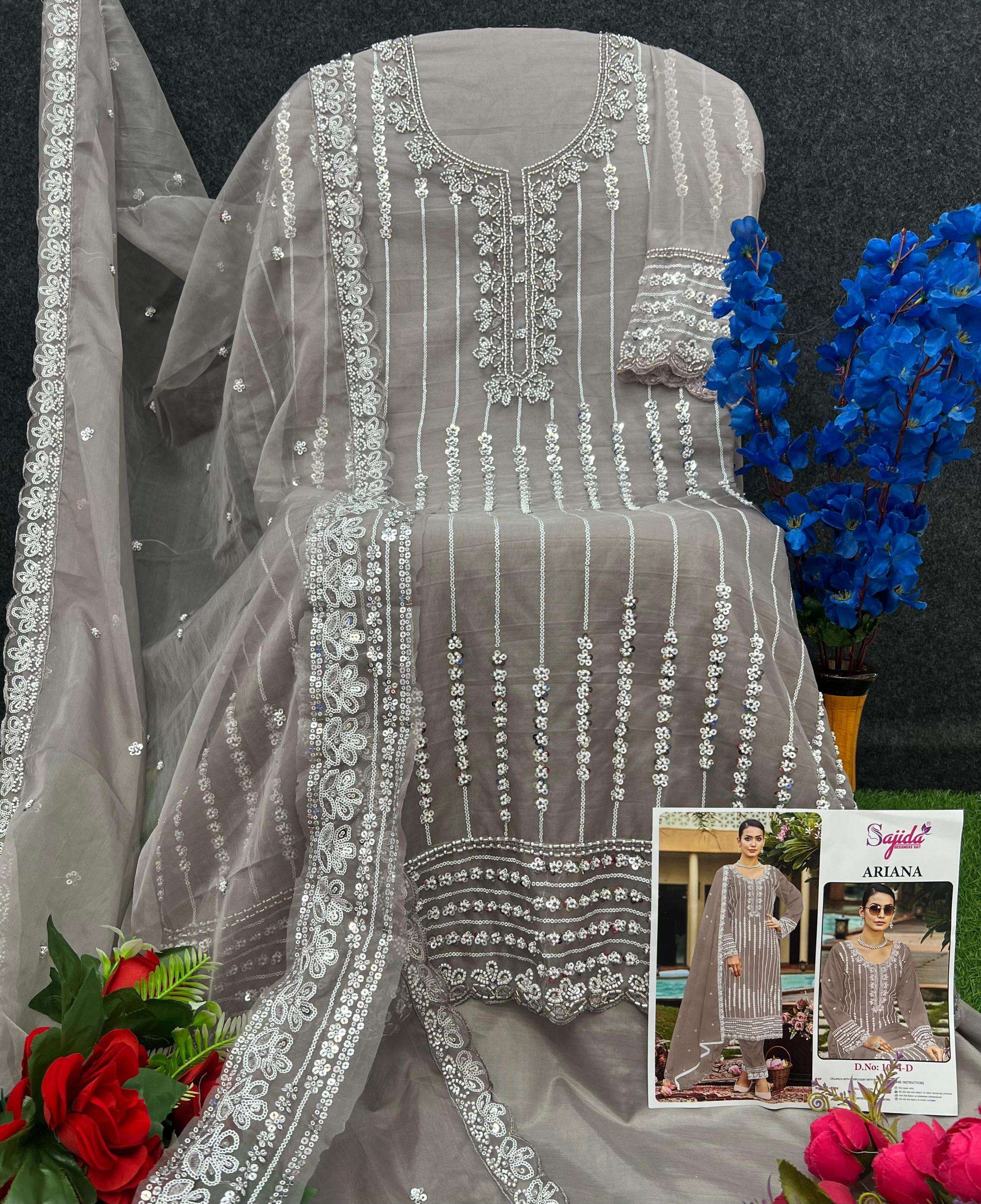 sajida designer ariana 1074 A to D readymade organza pakistani big size suit in wholesale surat