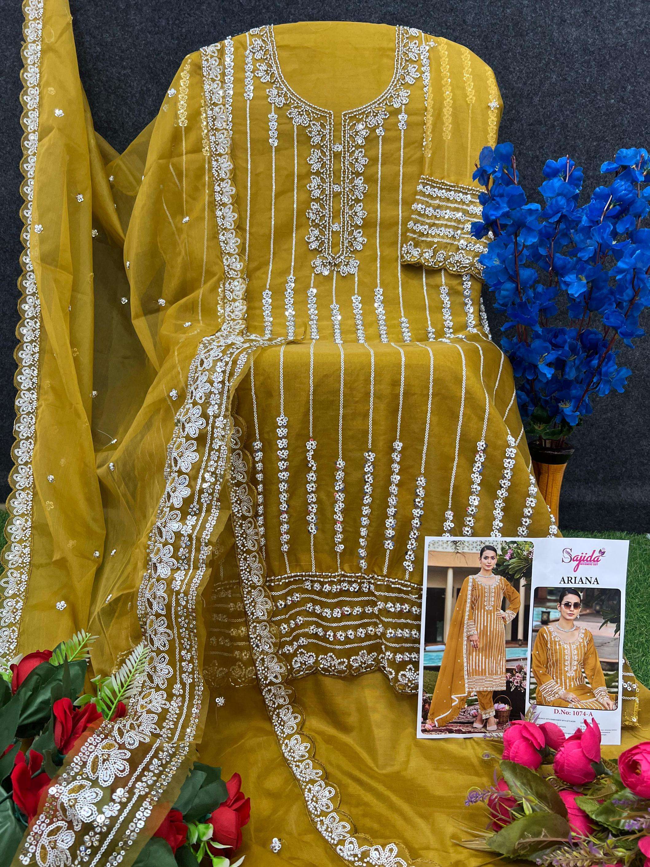 sajida designer ariana 1074 A to D readymade organza pakistani big size suit in wholesale surat