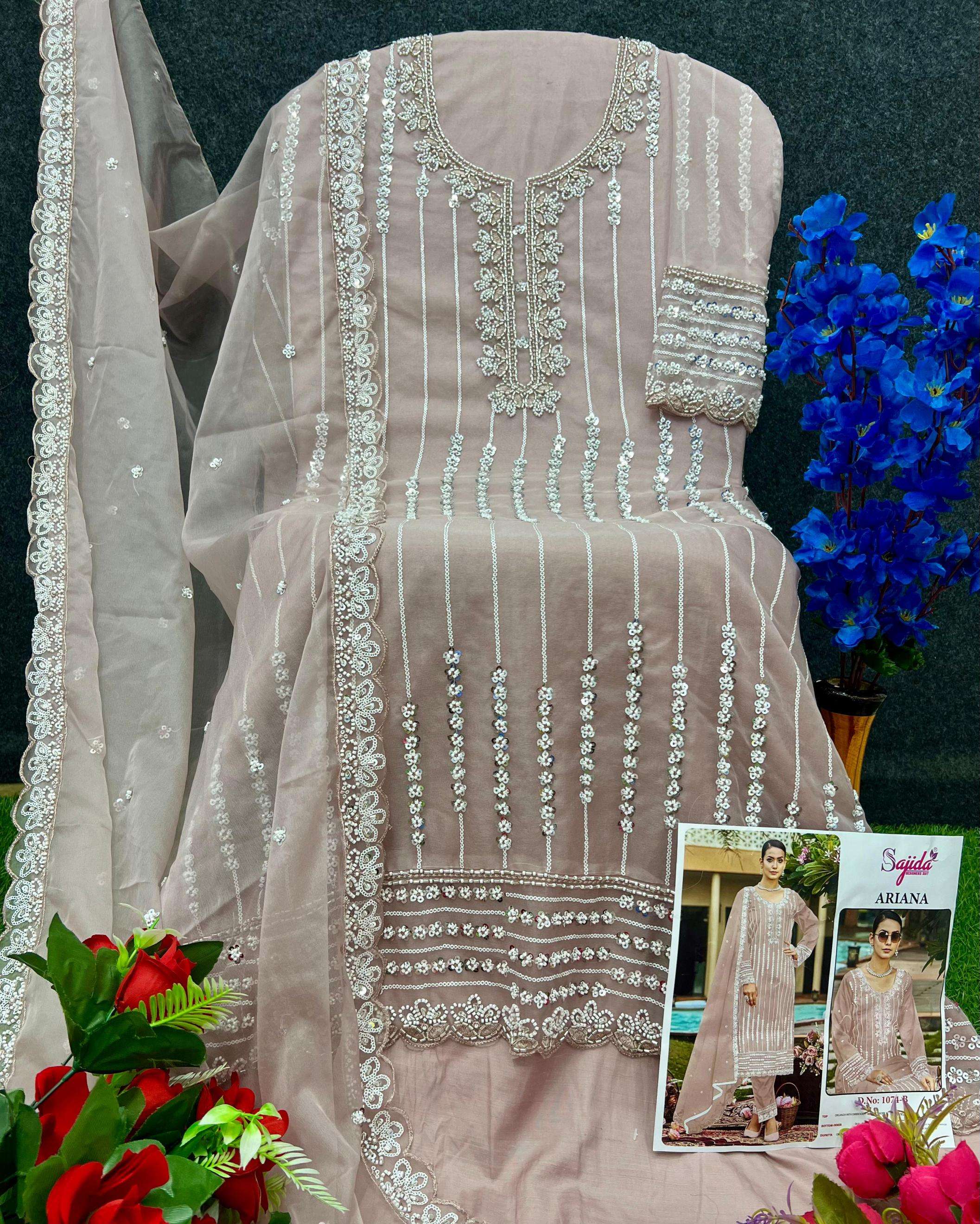 sajida designer ariana 1074 A to D readymade organza pakistani big size suit in wholesale surat