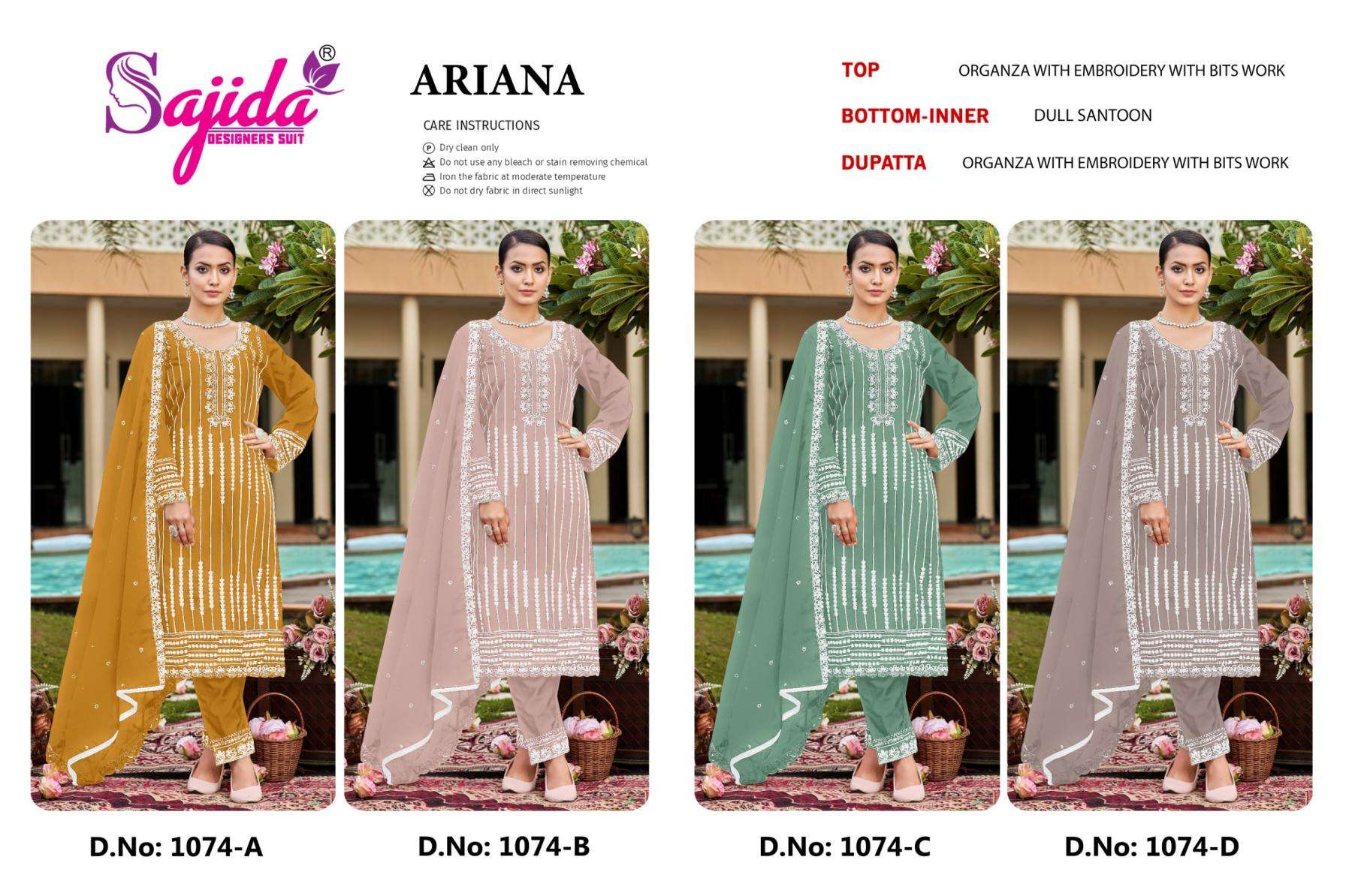 sajida designer ariana 1074 A to D readymade organza pakistani big size suit in wholesale surat