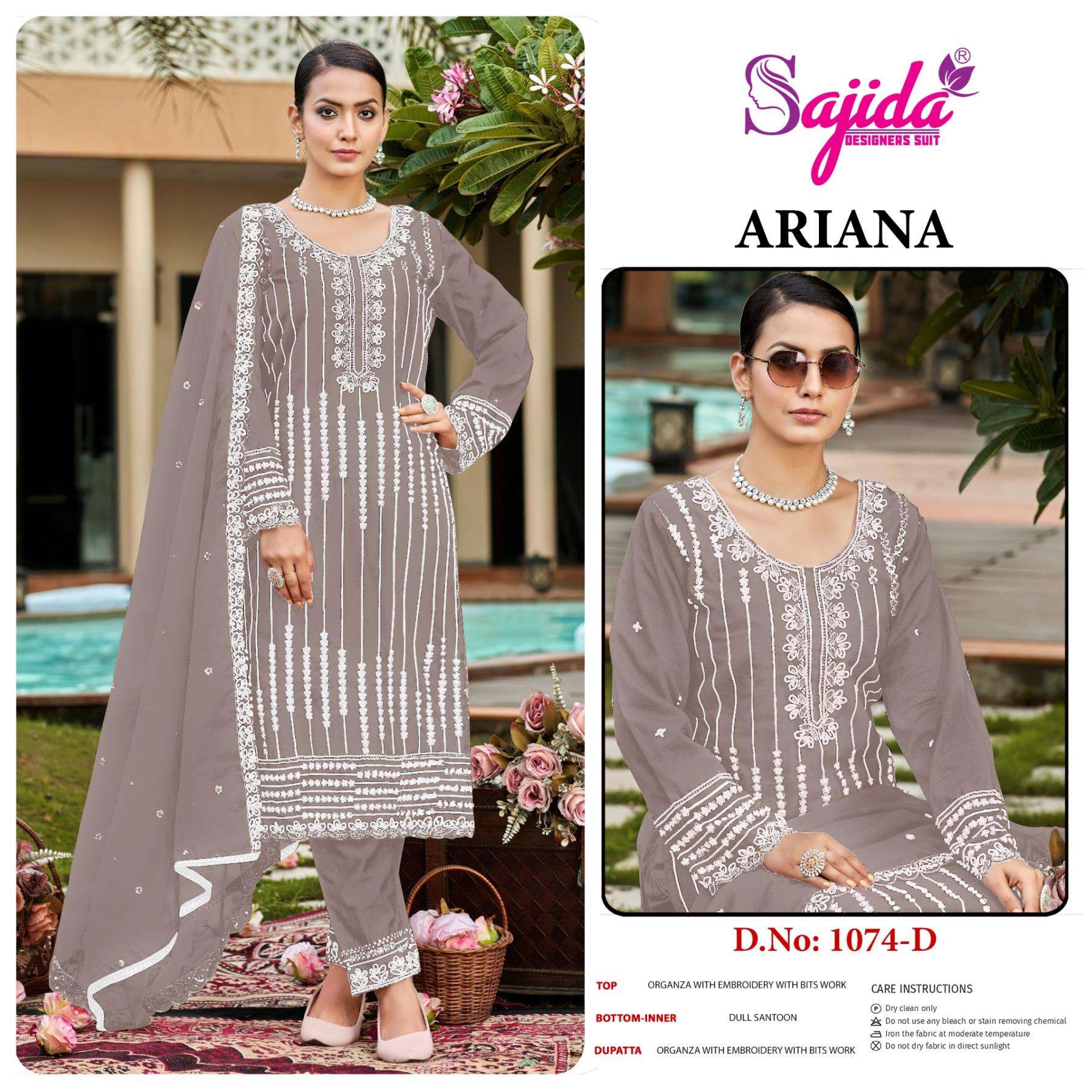 sajida designer ariana 1074 A to D readymade organza pakistani big size suit in wholesale surat