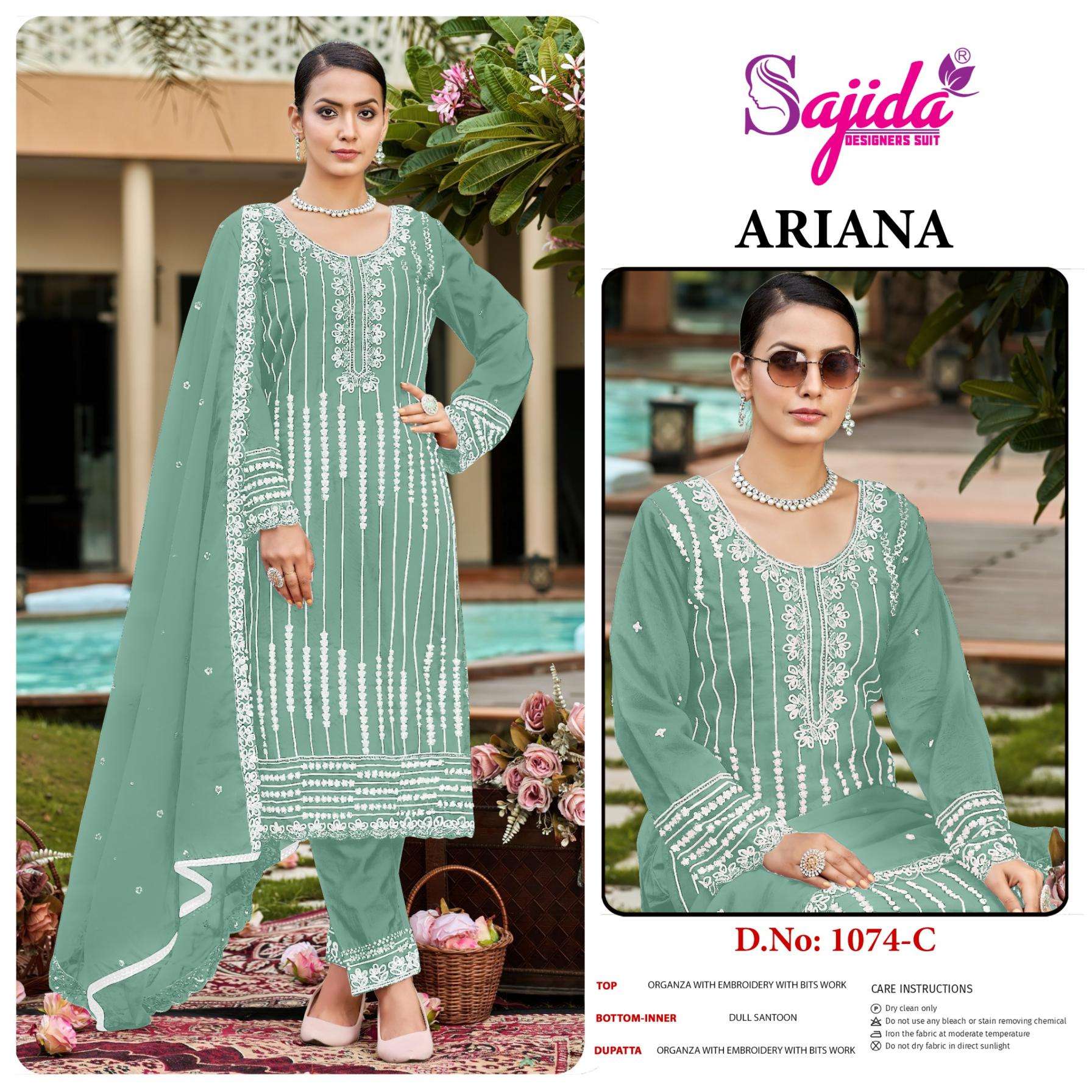 sajida designer ariana 1074 A to D readymade organza pakistani big size suit in wholesale surat