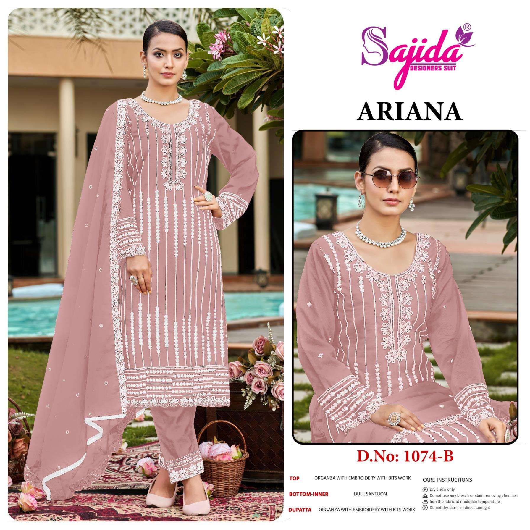 sajida designer ariana 1074 A to D readymade organza pakistani big size suit in wholesale surat