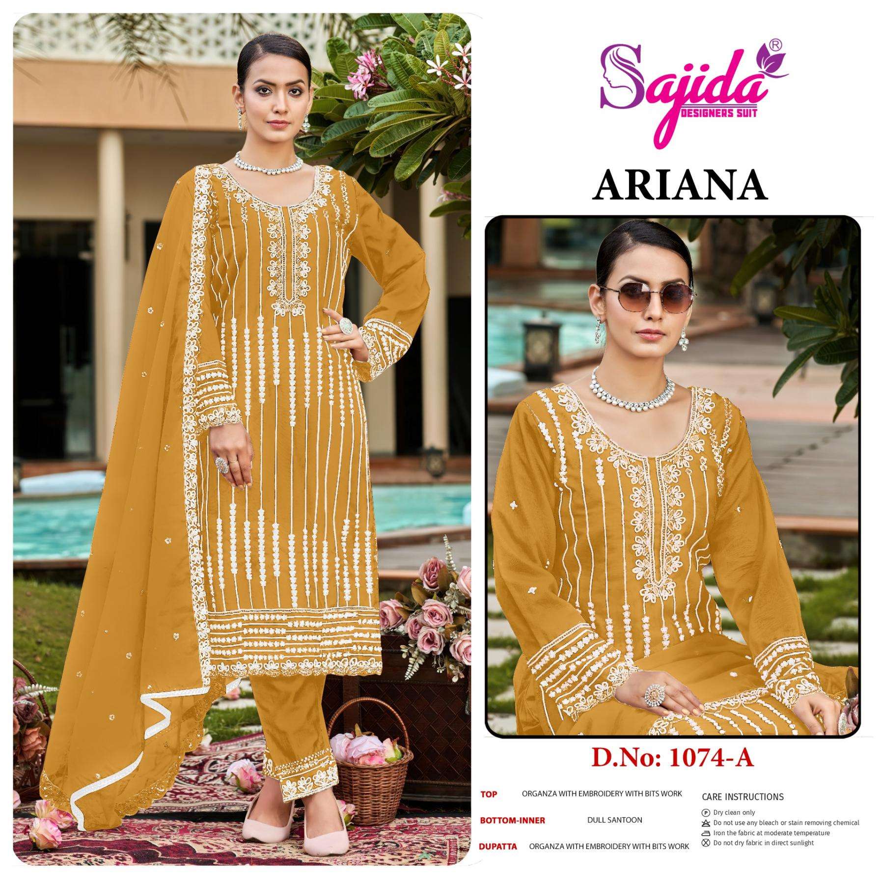 sajida designer ariana 1074 A to D readymade organza pakistani big size suit in wholesale surat