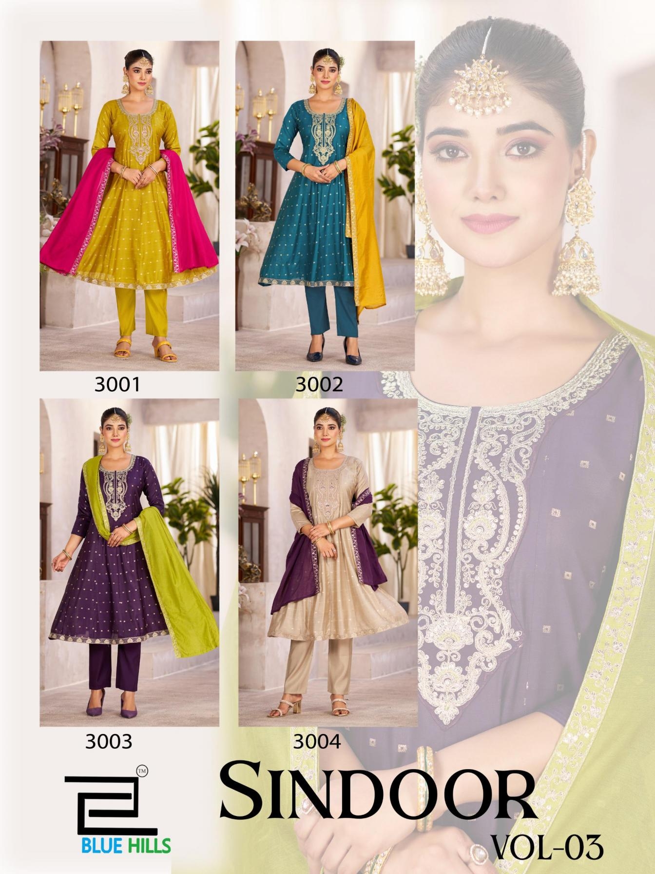 blue hills sindoor vol 3 series 3001 to 3004 elegant style chanderi readymade plus size suit in wholesale surat