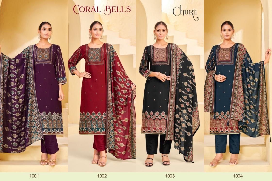 churii coral bells series 1001 to 1004 readymade viscose silk combo suit in wholesale surat