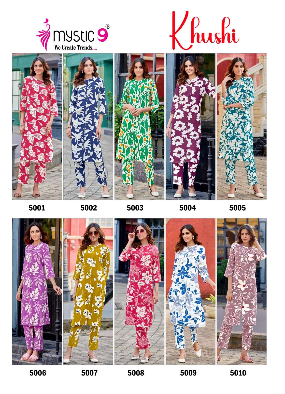 Mystic9 Khushi Vol-5 series 5001 to 5010 Heavy 14 Kg. Rayon Printed Long Cord Set in wholesale surat
