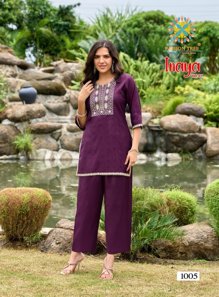 passion tree inaya vol 1 series 1001 to 1008 viscose silk readymade big size unique co-ord set in wholesale surat