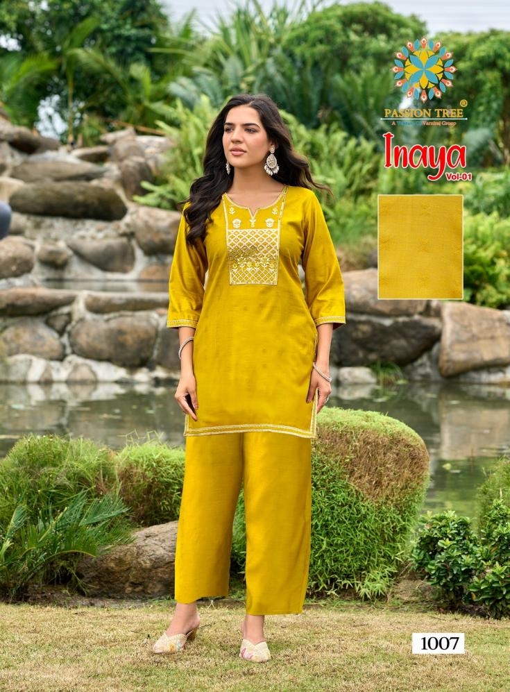 passion tree inaya vol 1 series 1001 to 1008 viscose silk readymade big size unique co-ord set in wholesale surat