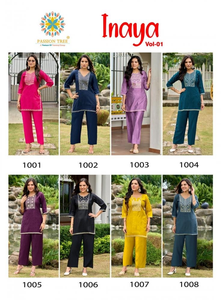passion tree inaya vol 1 series 1001 to 1008 viscose silk readymade big size unique co-ord set in wholesale surat