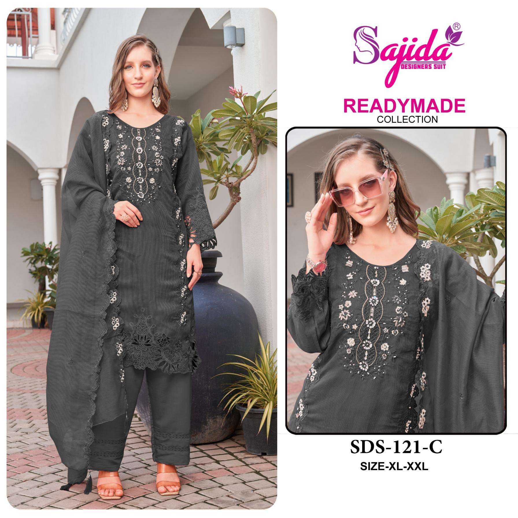 sajida designer 121 A to D readymade viscose organza pakistani big size suit in wholesale surat