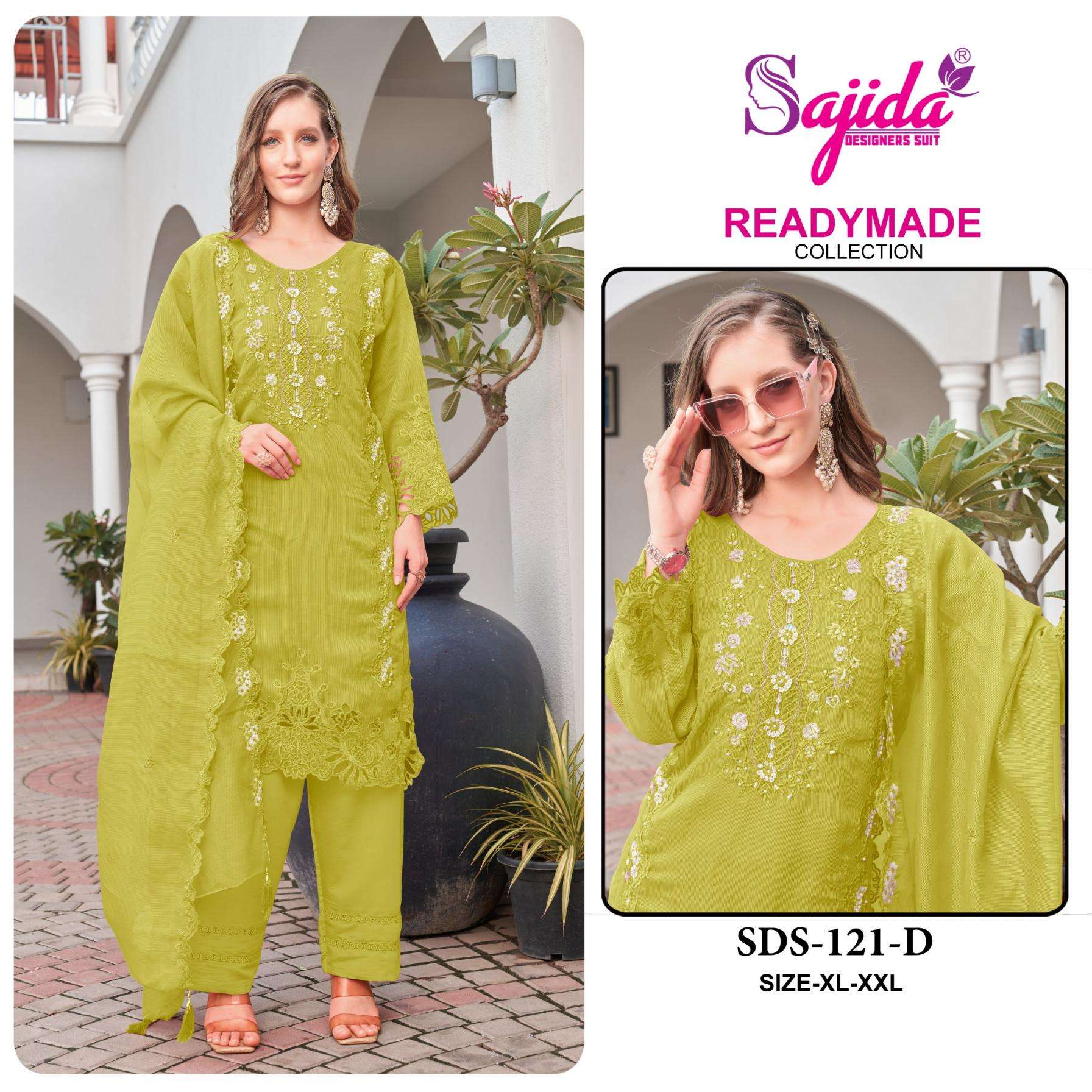 sajida designer 121 A to D readymade viscose organza pakistani big size suit in wholesale surat