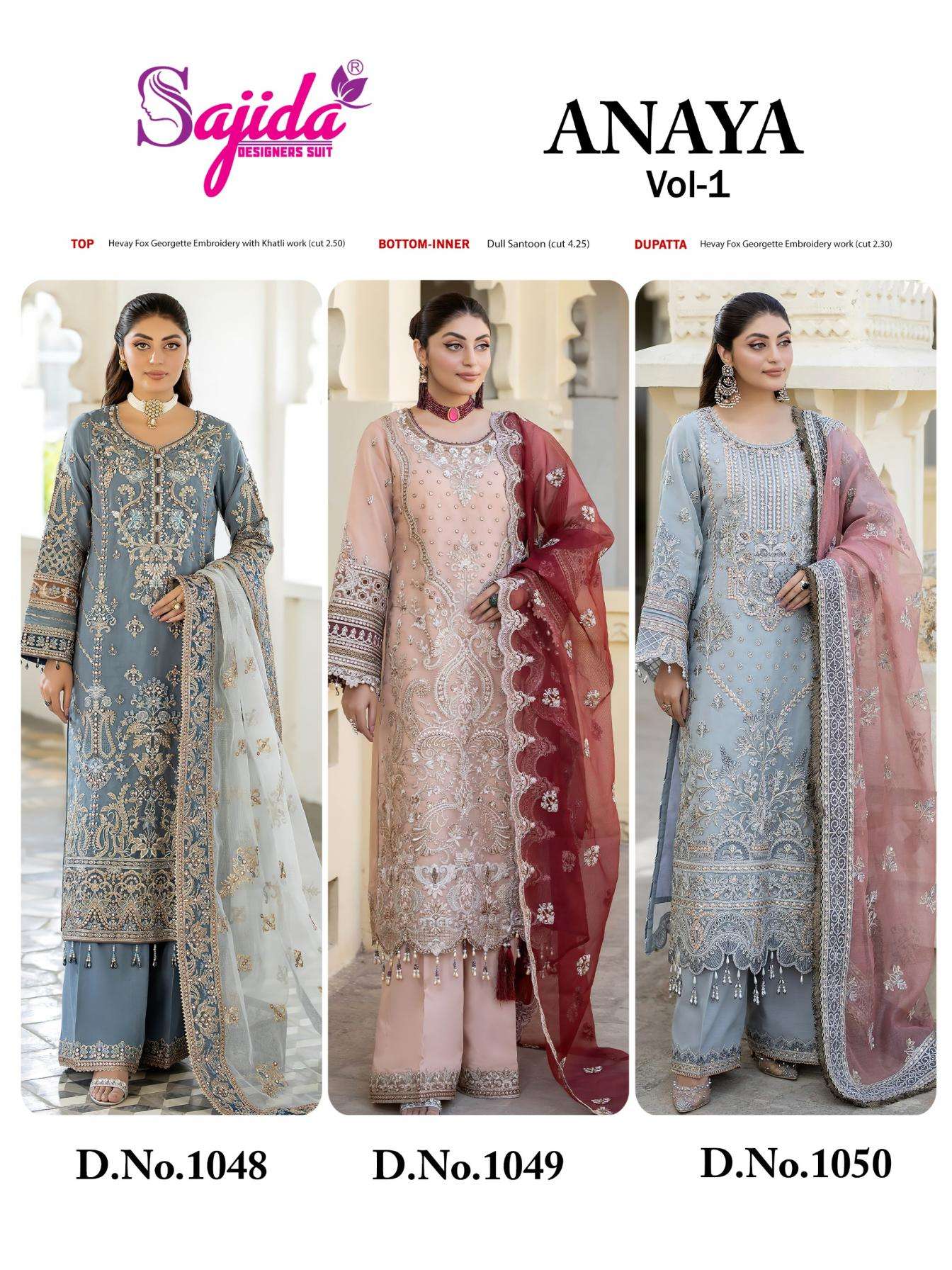 sajida designer anaya vol 1 series1048 to 1050 georgette pakistani readymade big size suit in wholesale surat