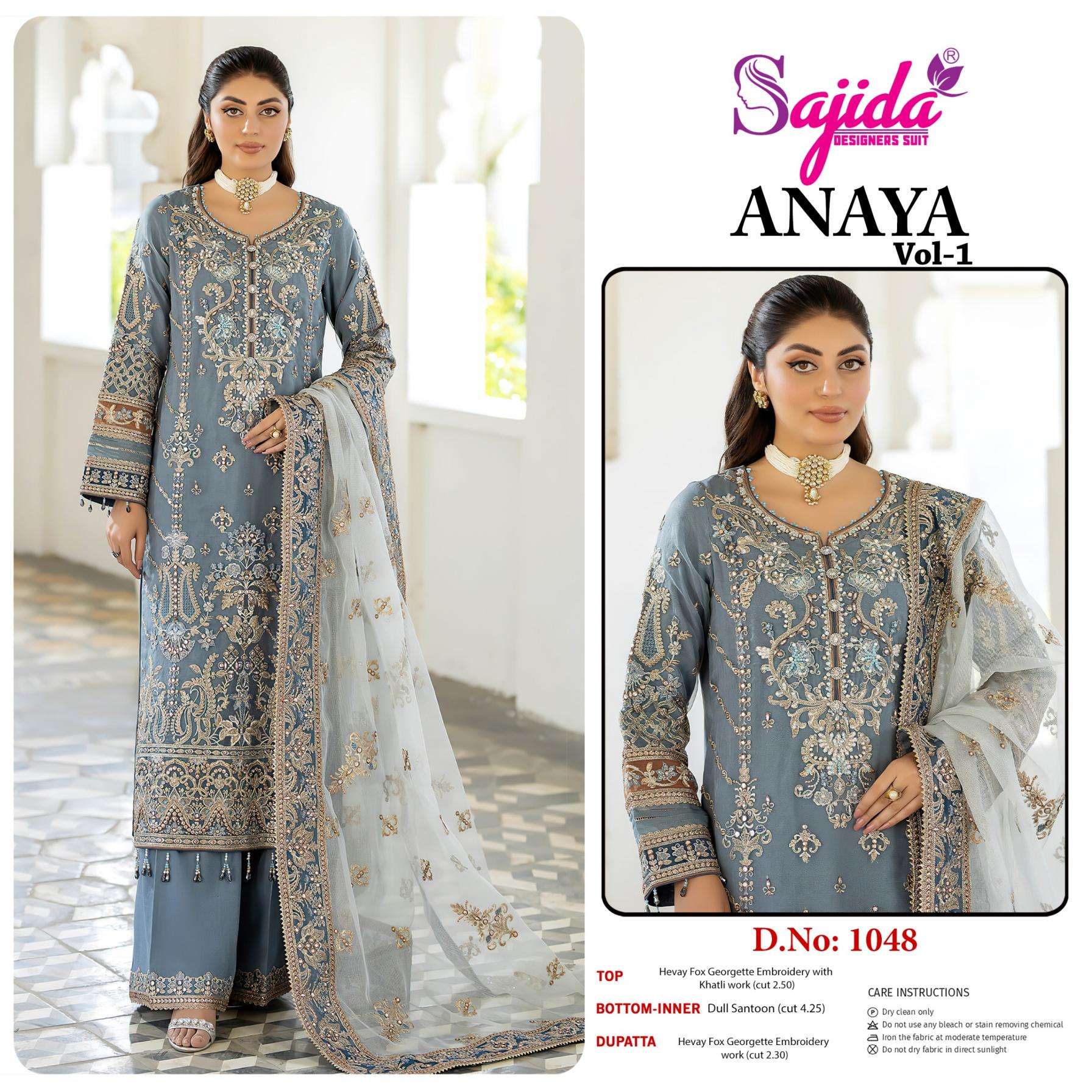sajida designer anaya vol 1 series1048 to 1050 georgette pakistani readymade big size suit in wholesale surat
