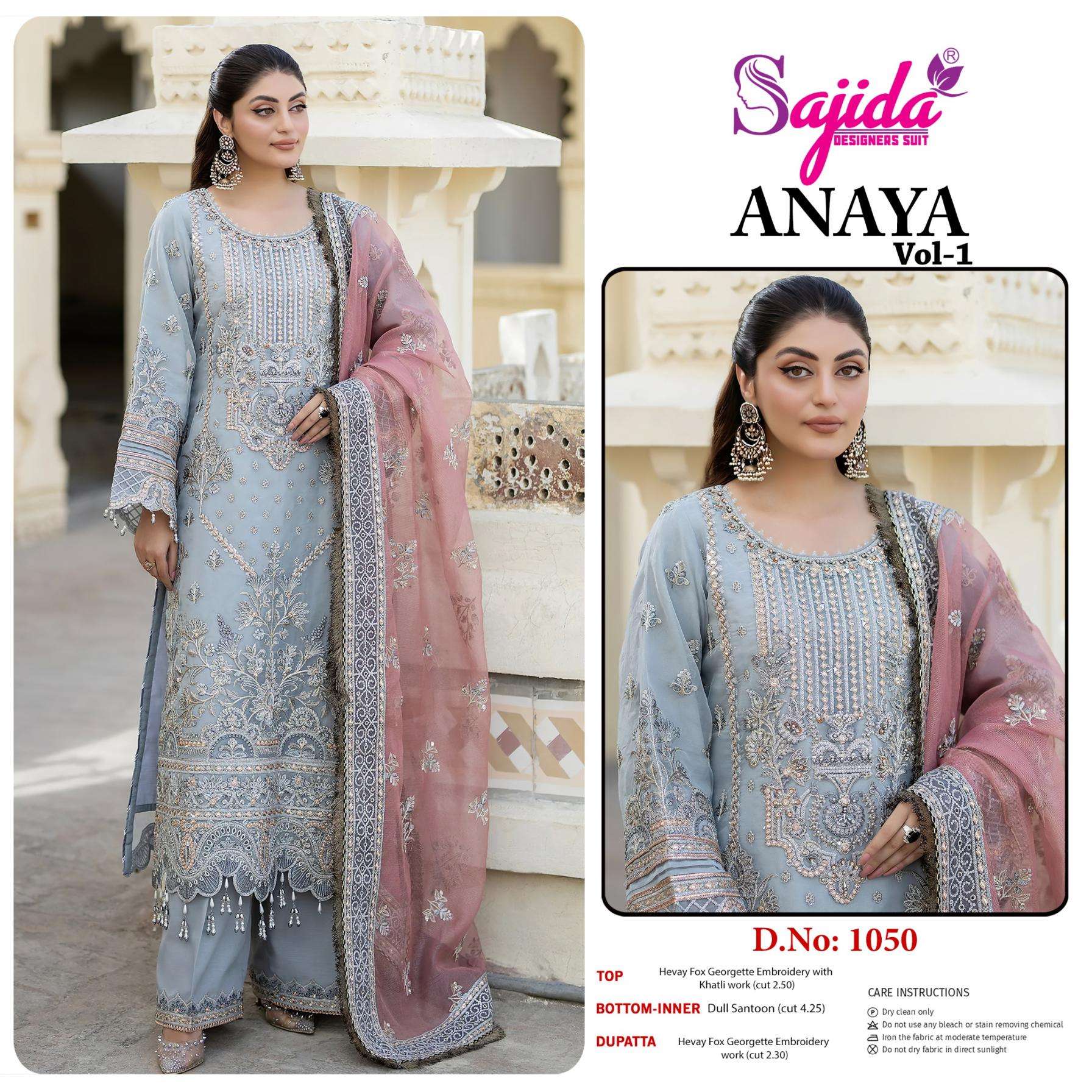 sajida designer anaya vol 1 series1048 to 1050 georgette pakistani readymade big size suit in wholesale surat