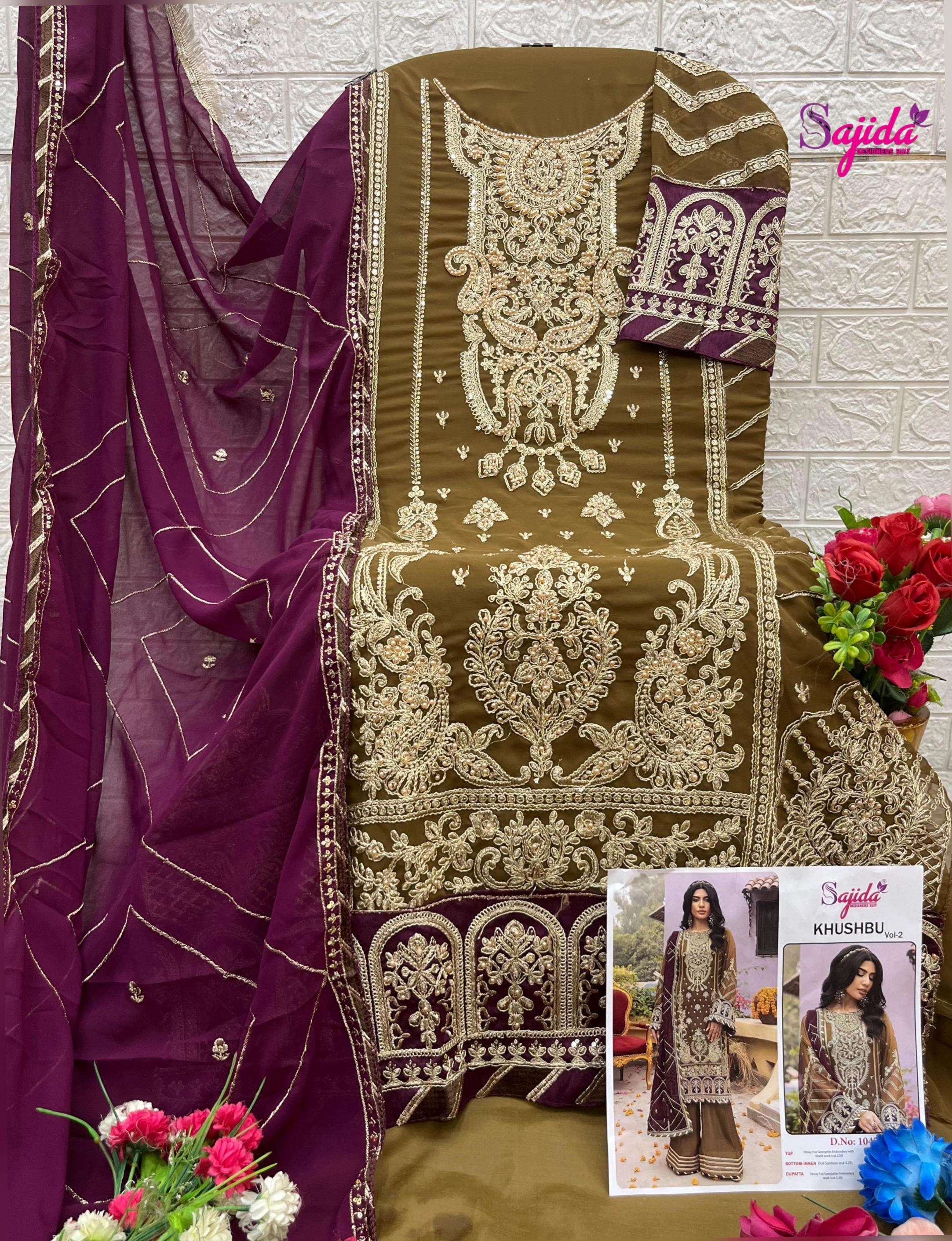 sajida designer khushbu vol 2 1045 georgette readymade plus size pakistani suit in wholesale surat