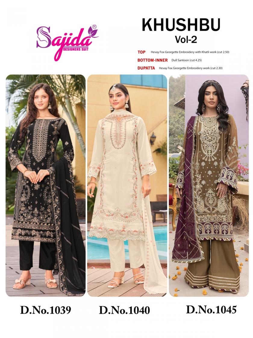 sajida designer khushbu vol 2 series 1039 to 1045 readymade big size georgette pakistani suit in wholesale surat