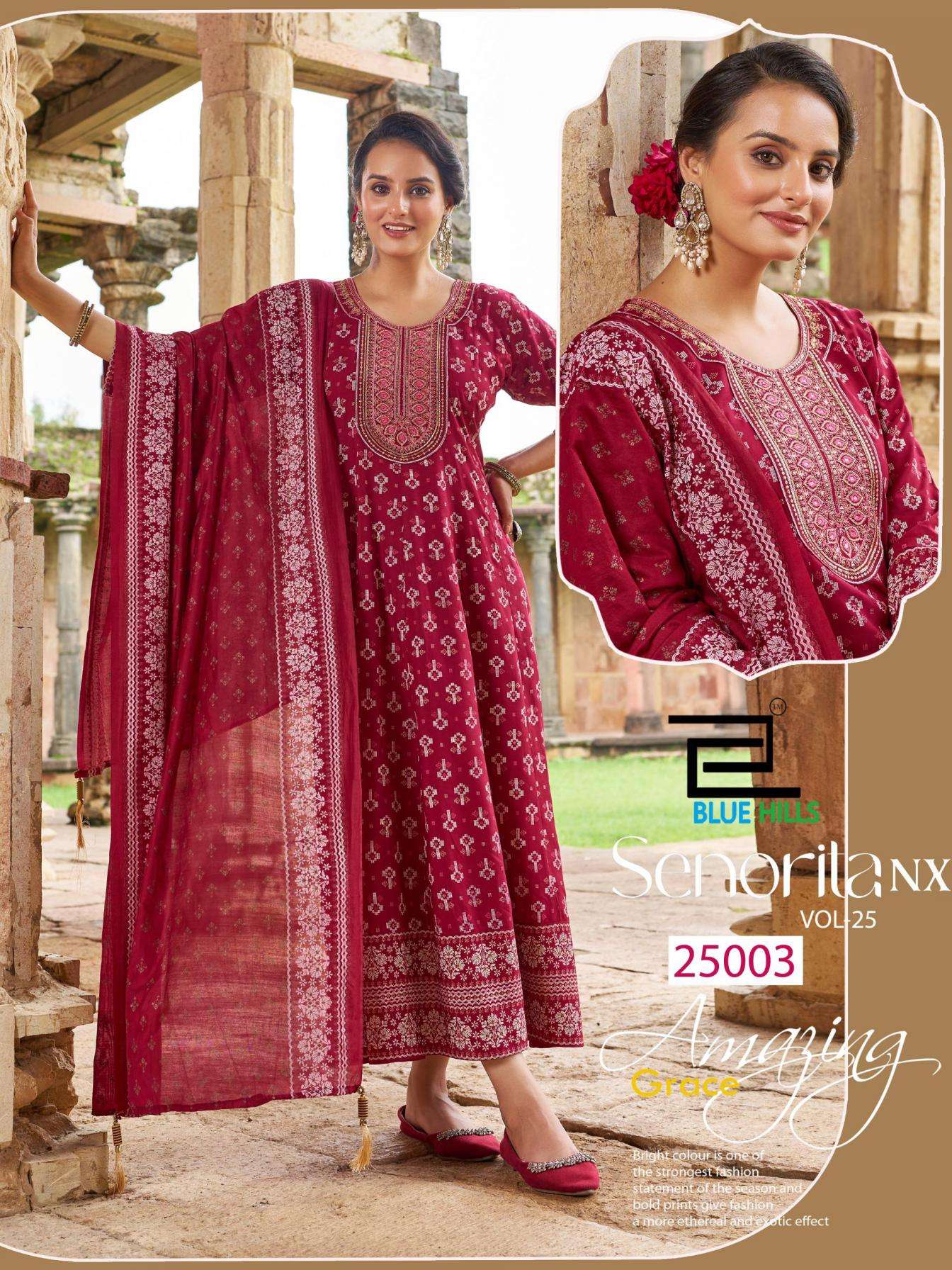 blue hills senorita nx 25 series 25001 to 25003 rayon readymade stylish big size anarkali combo suit in wholesale surat