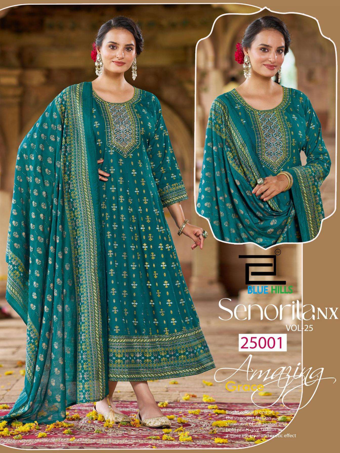 blue hills senorita nx 25 series 25001 to 25003 rayon readymade stylish big size anarkali combo suit in wholesale surat