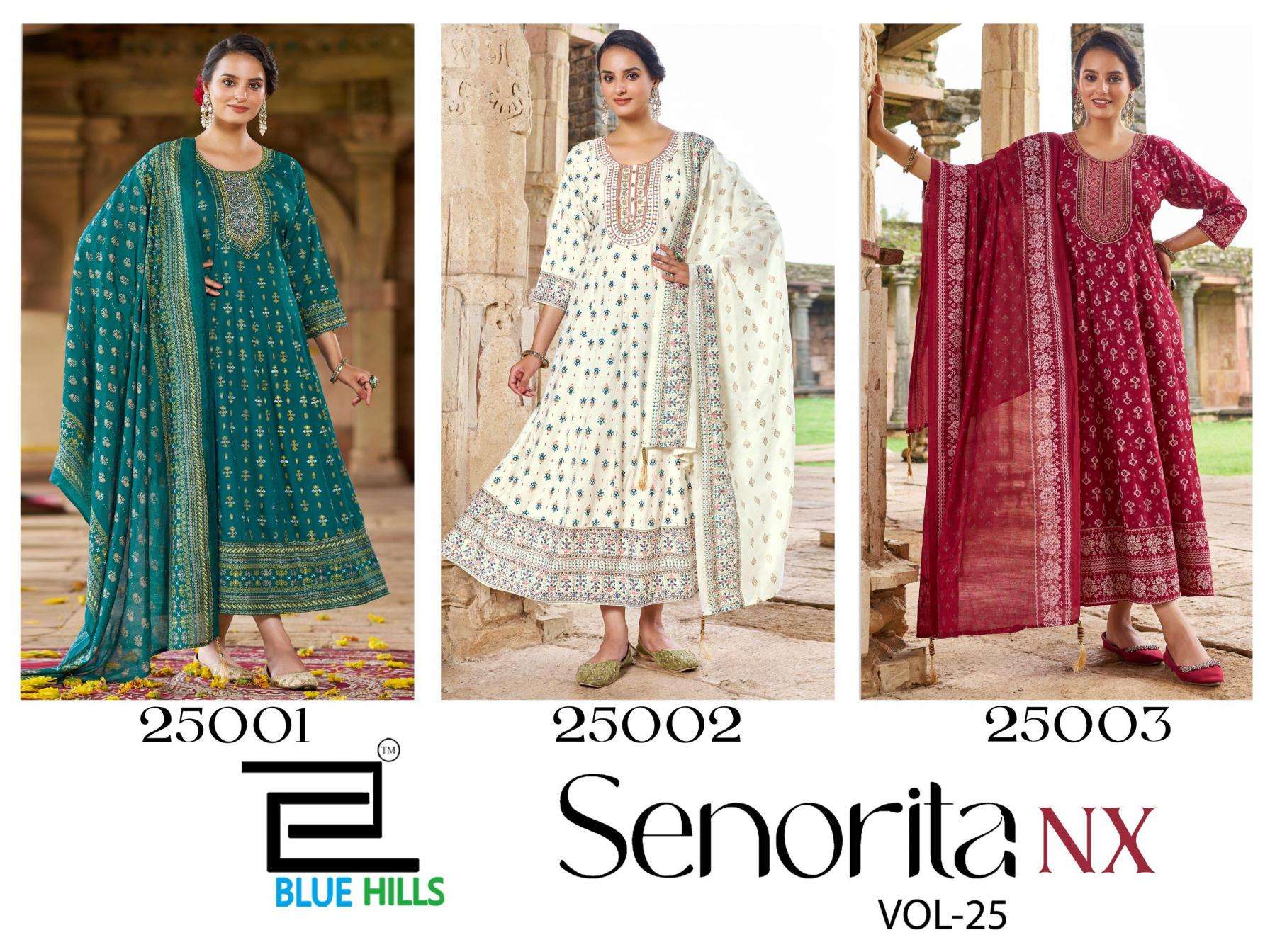 blue hills senorita nx 25 series 25001 to 25003 rayon readymade stylish big size anarkali combo suit in wholesale surat